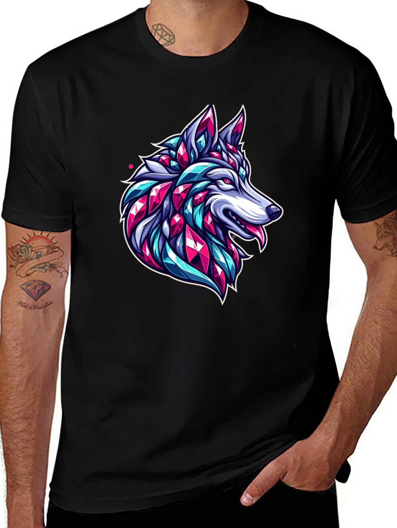 Geometric Wolf Graphic Black T-Shirt