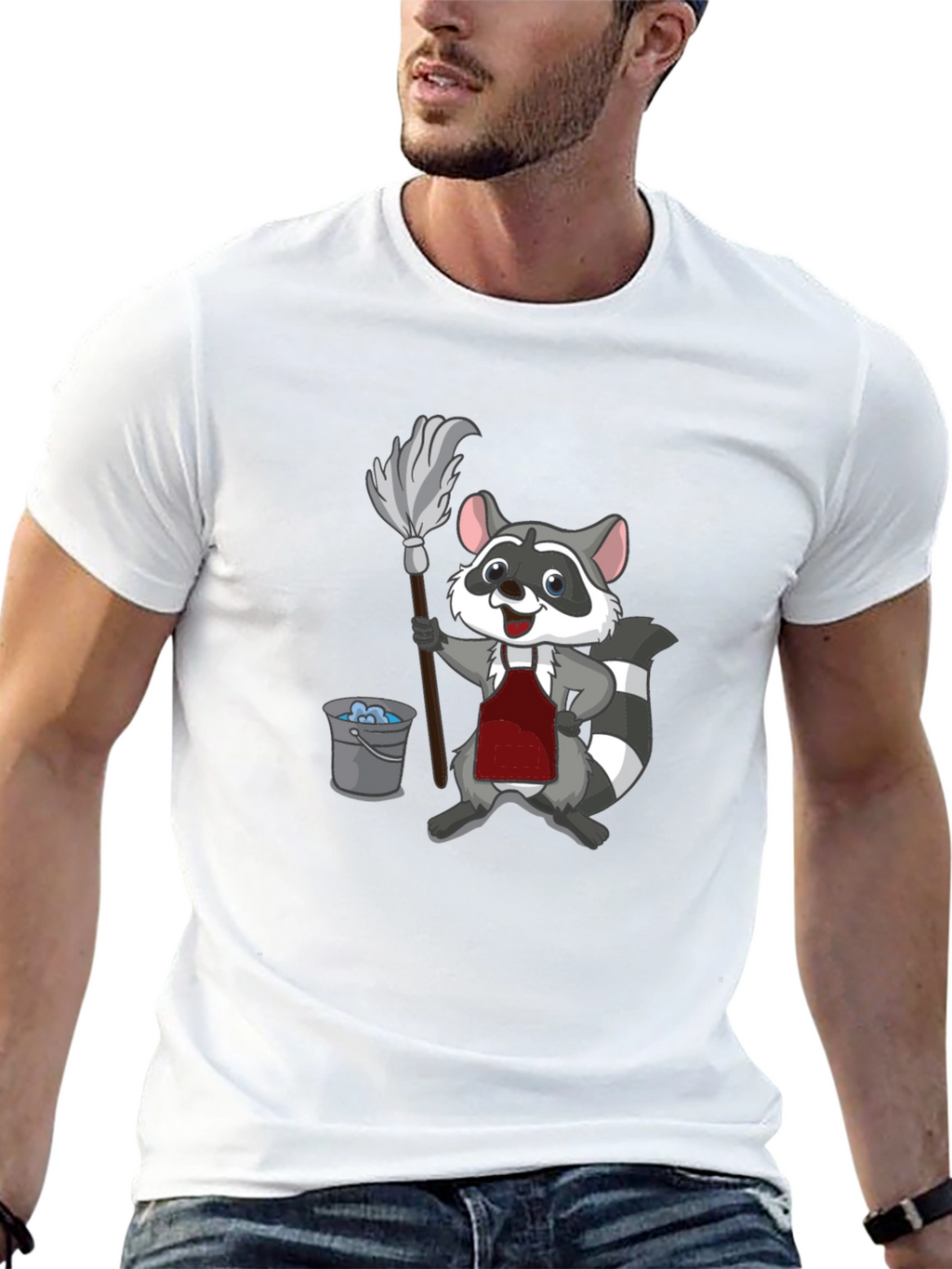 Raccoon Cleaning T-Shirt - Cartoon Janitor Tee