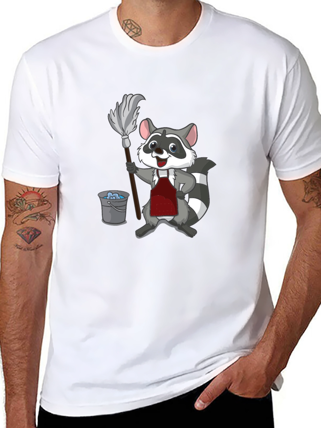Raccoon Cleaning T-Shirt - Cartoon Janitor Tee