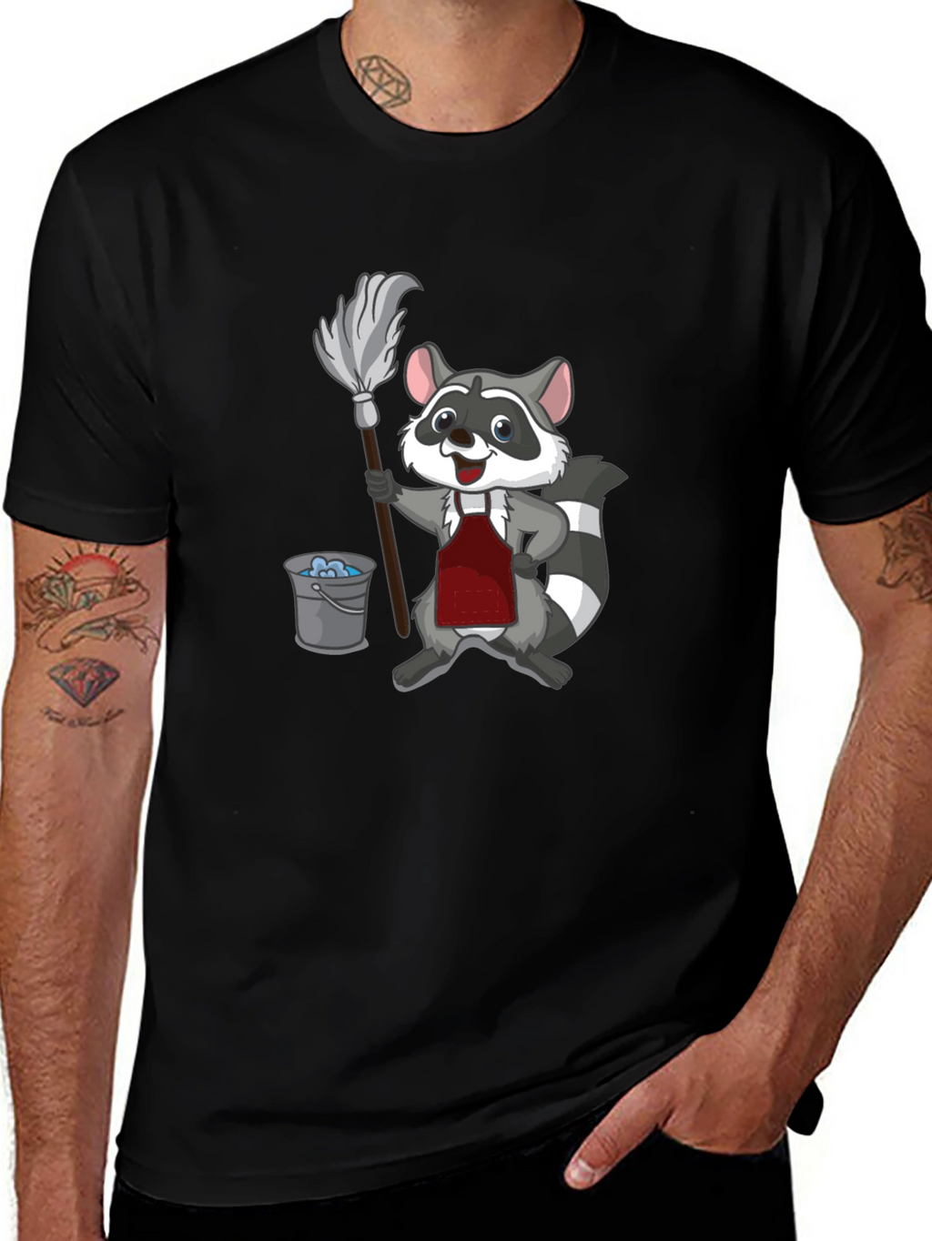 Raccoon Cleaning T-Shirt - Cartoon Janitor Tee