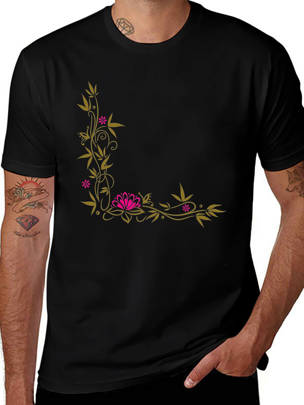 Floral Corner Accent Black T-Shirt