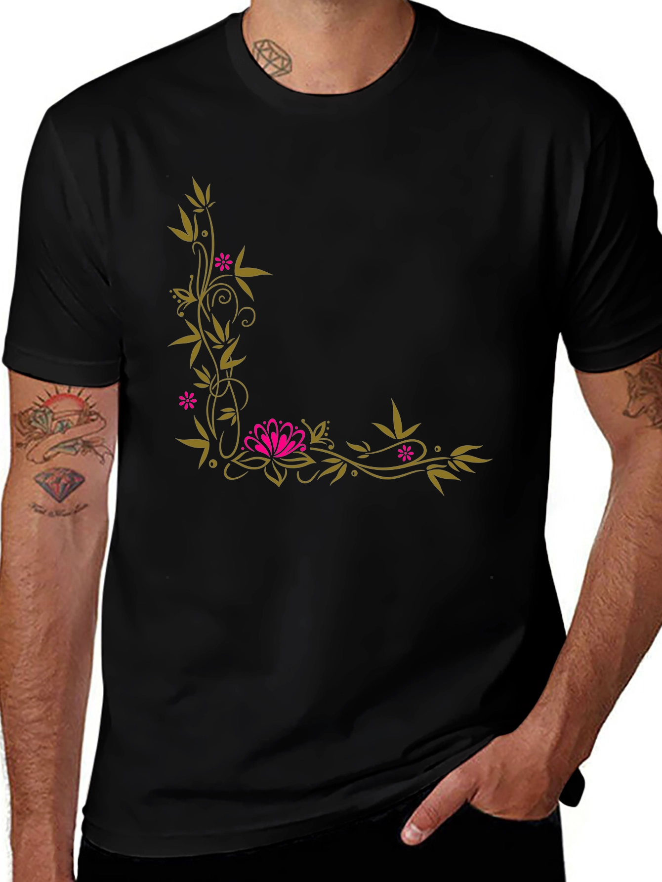 Floral Corner Accent Black T-Shirt