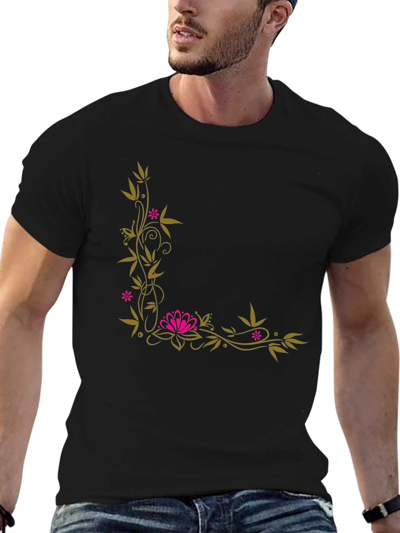 Floral Corner Accent Black T-Shirt