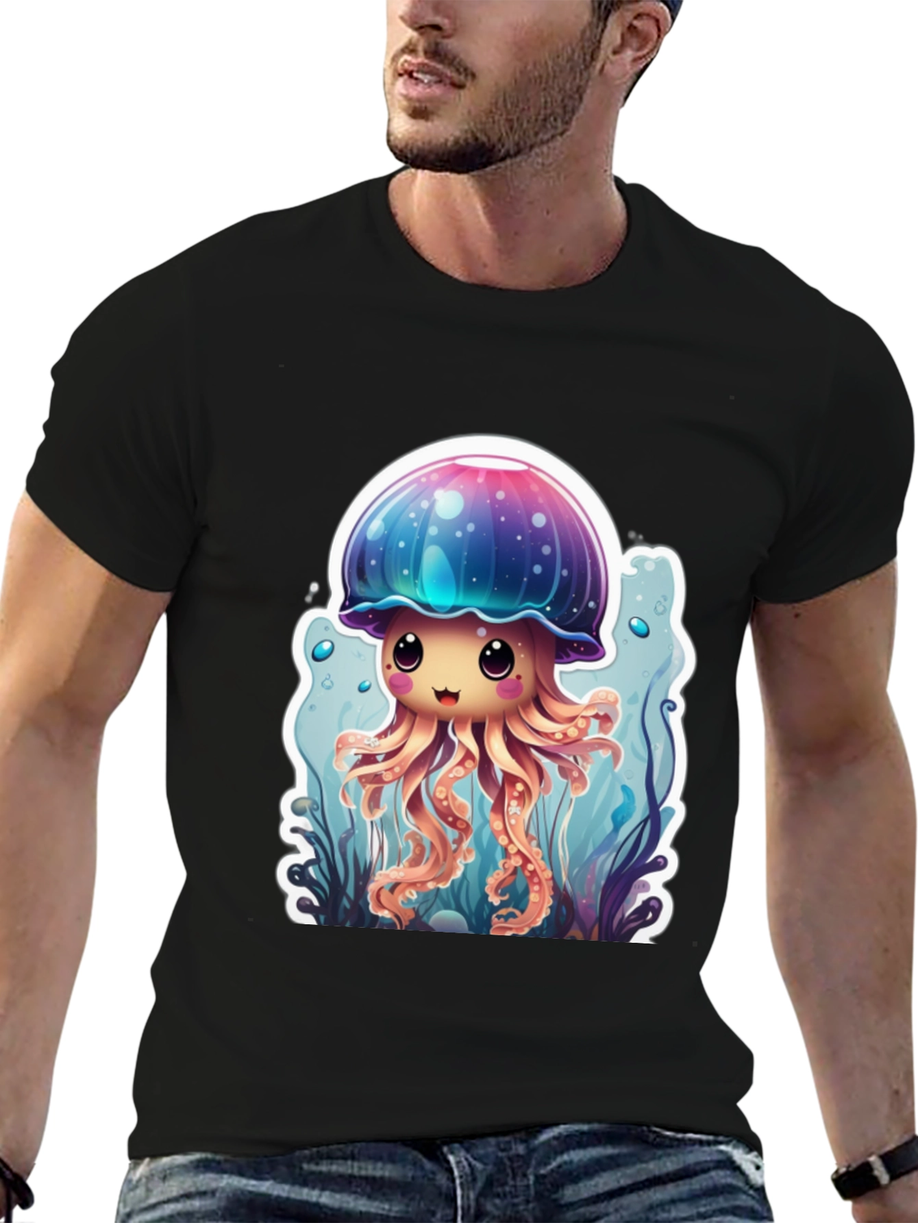 Cute Jellyfish Graphic Tee - Black Cotton T-Shirt