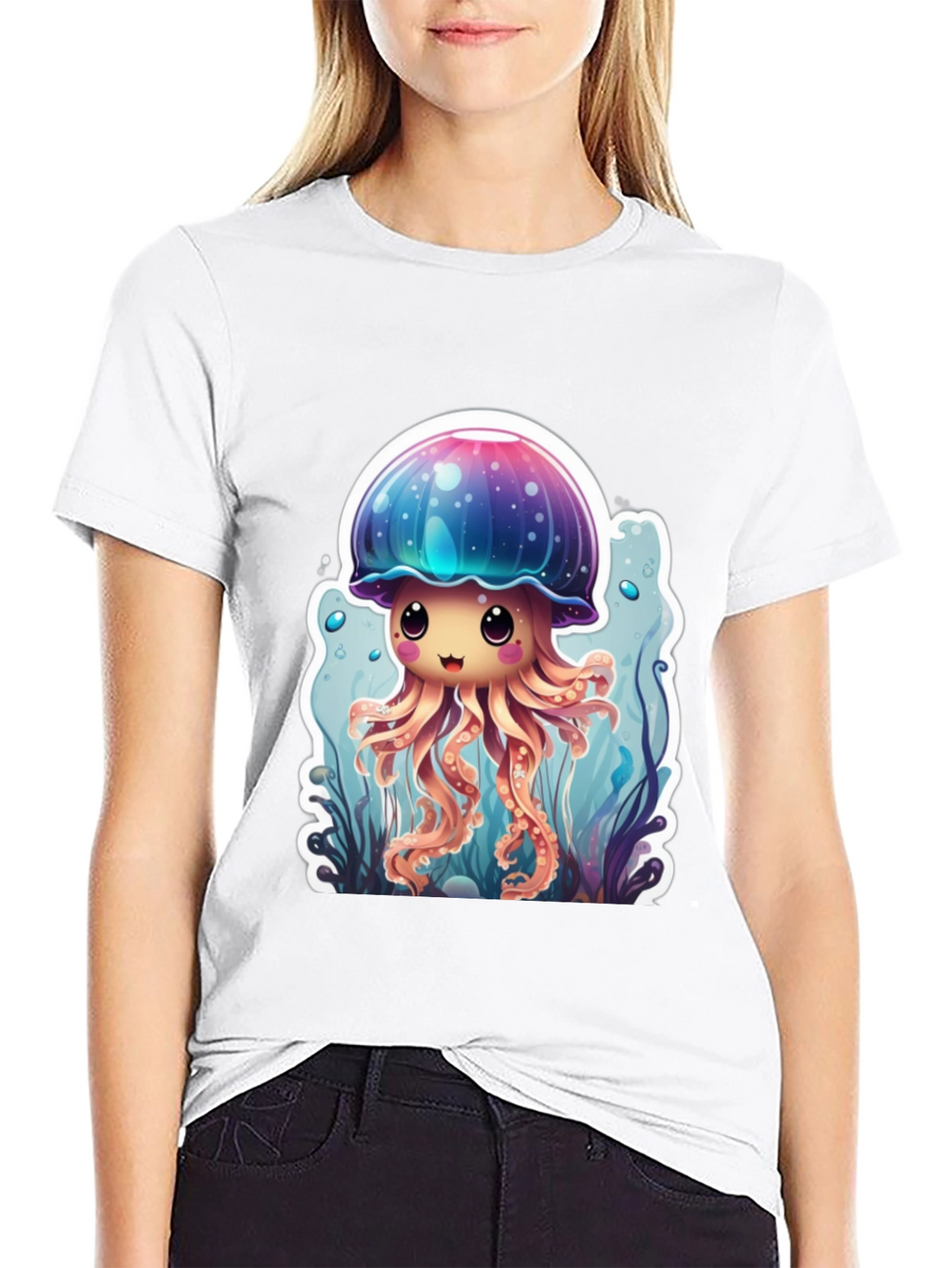 Cute Jellyfish Graphic Tee - Black Cotton T-Shirt