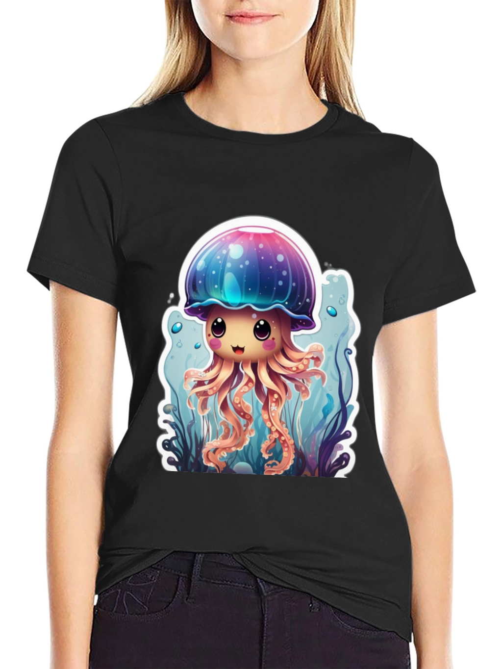 Cute Jellyfish Graphic Tee - Black Cotton T-Shirt
