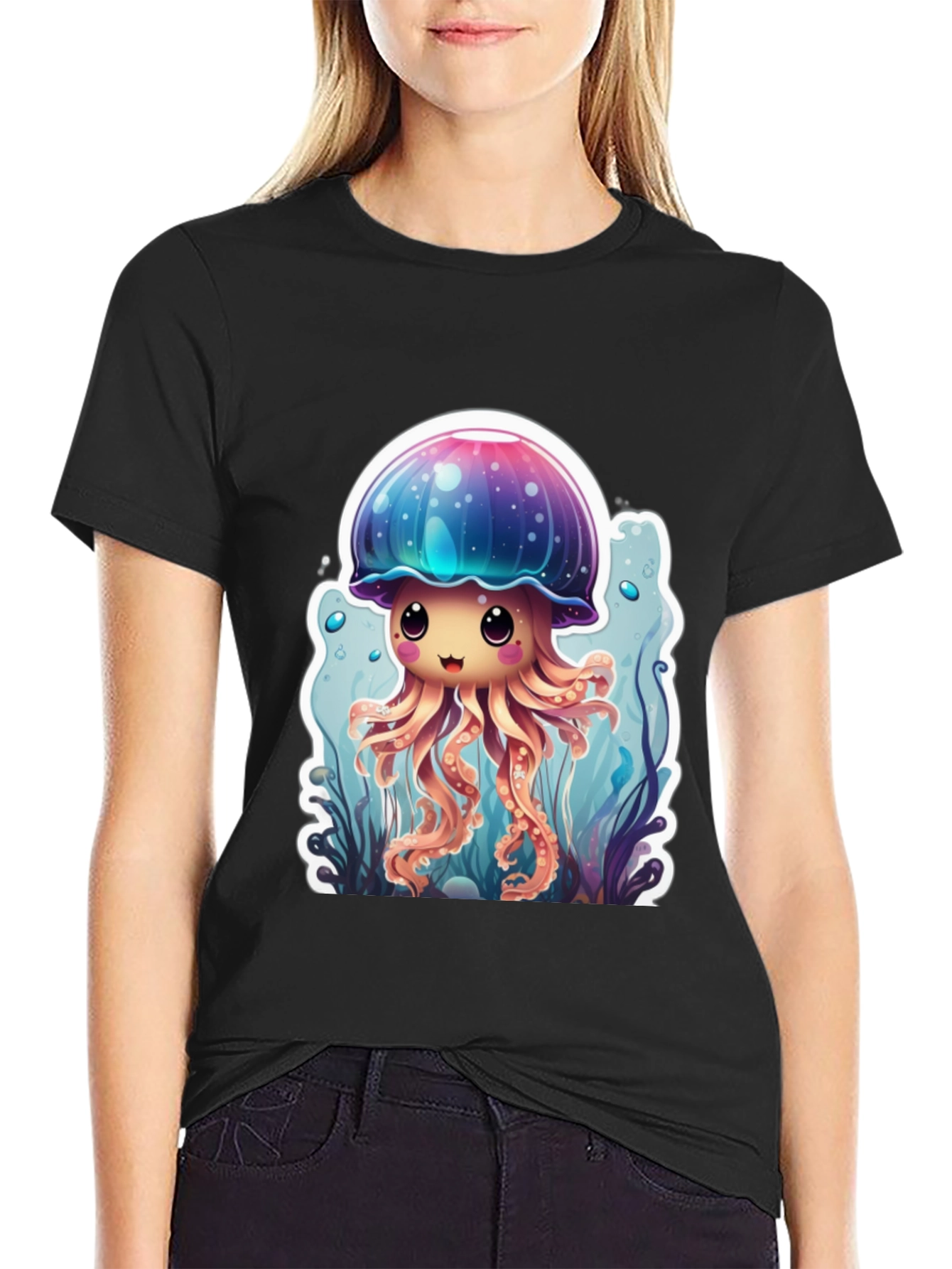 Cute Jellyfish Graphic Tee - Black Cotton T-Shirt