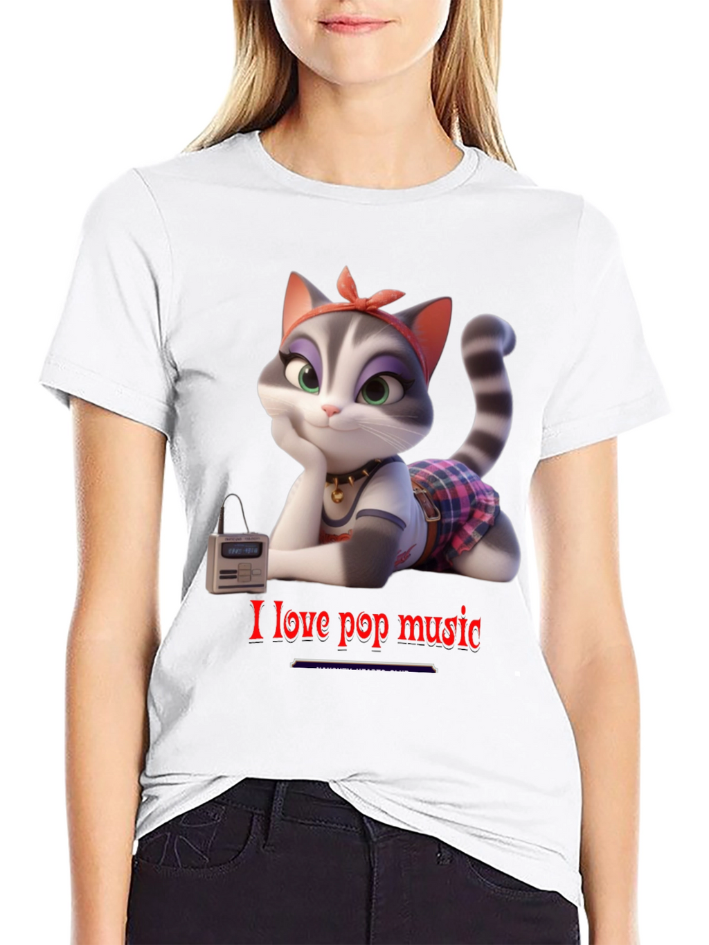 I Love Pop Music T-Shirt - Cartoon Cat Design