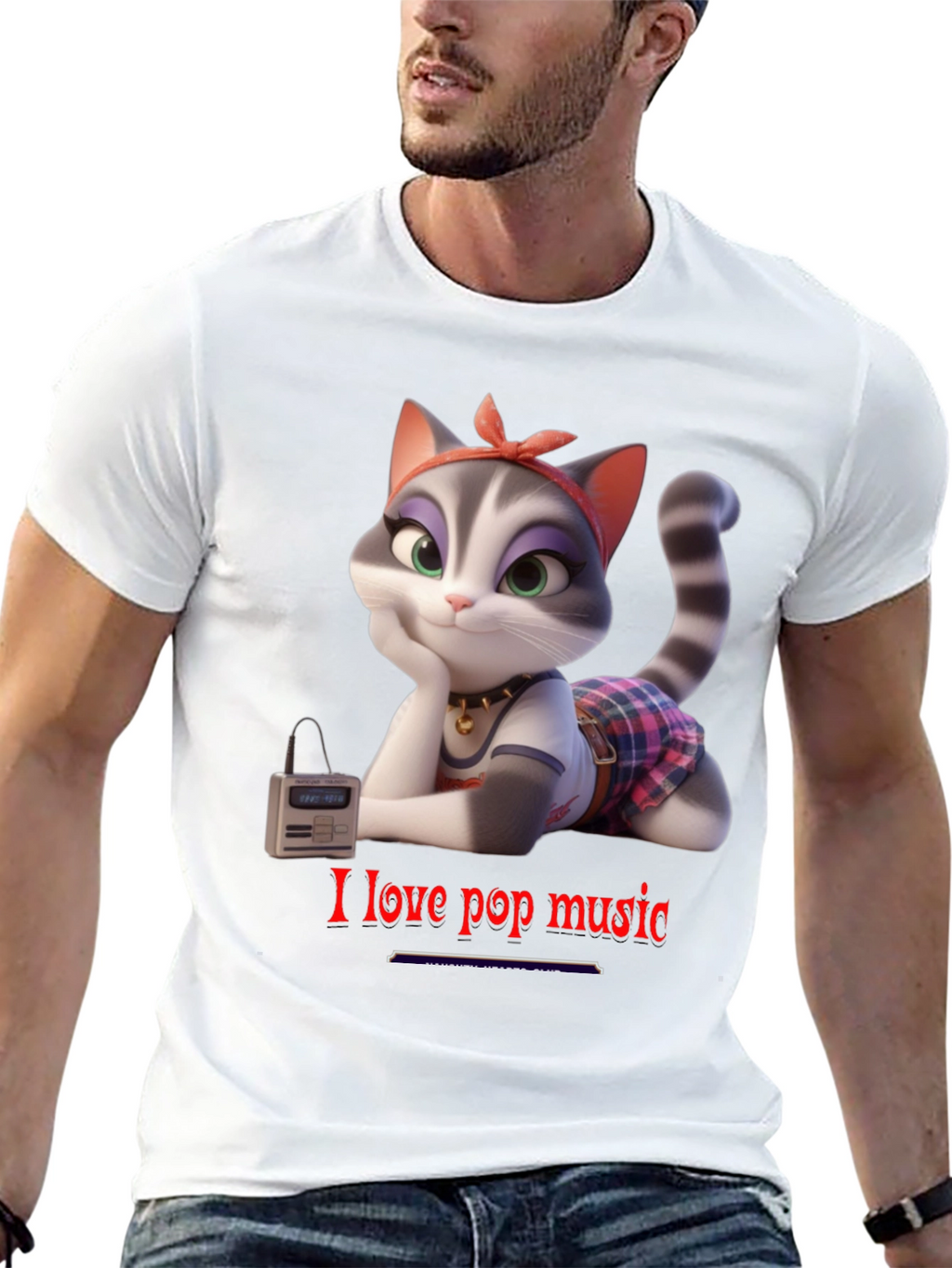 I Love Pop Music T-Shirt - Cartoon Cat Design