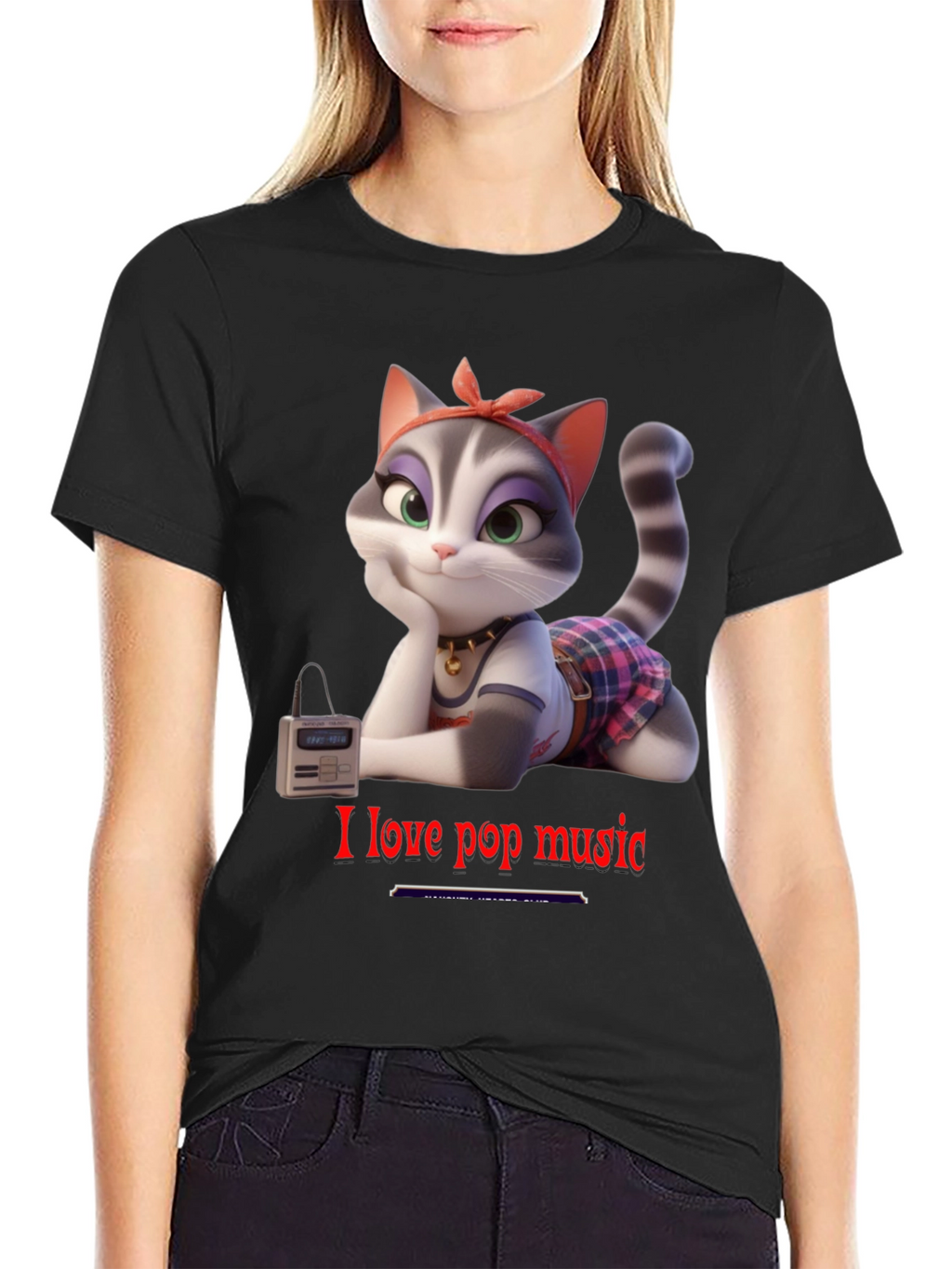 I Love Pop Music T-Shirt - Cartoon Cat Design
