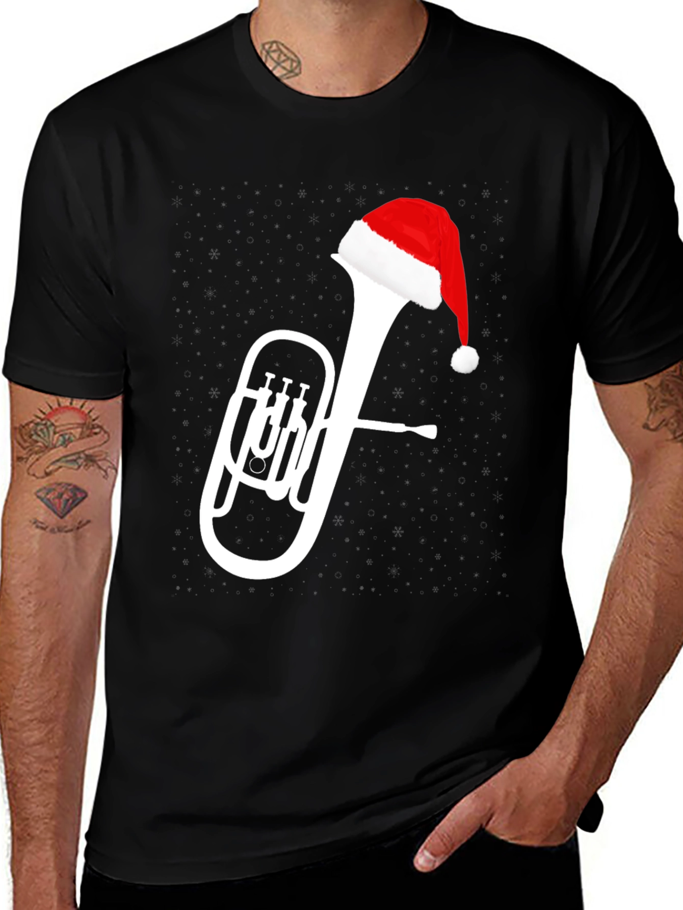Christmas Tuba Santa Hat Black T-Shirt