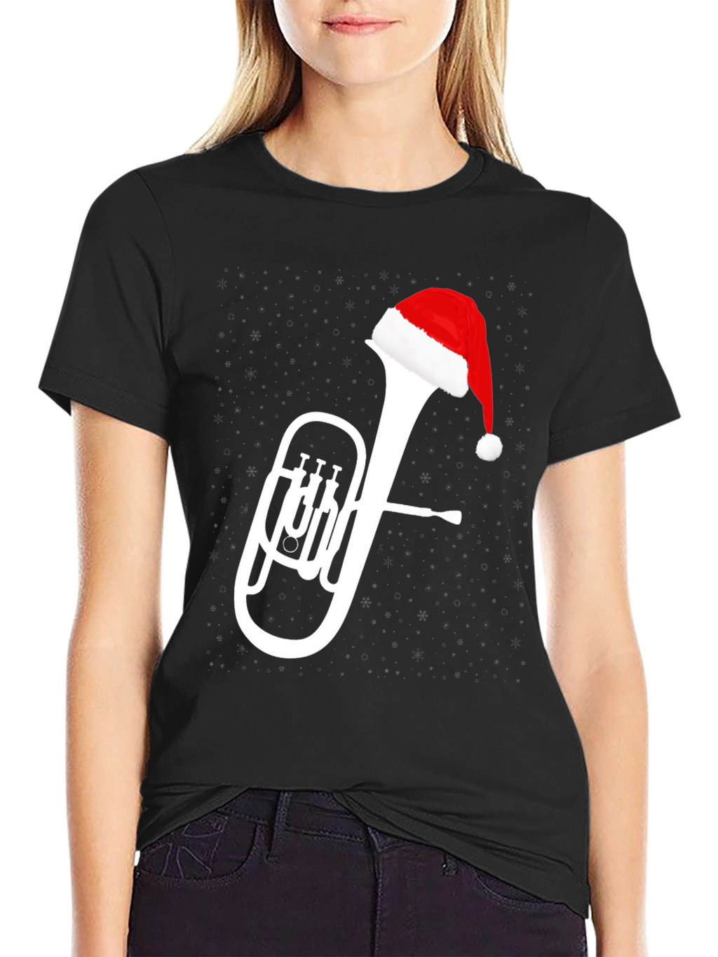 Christmas Tuba Santa Hat Black T-Shirt