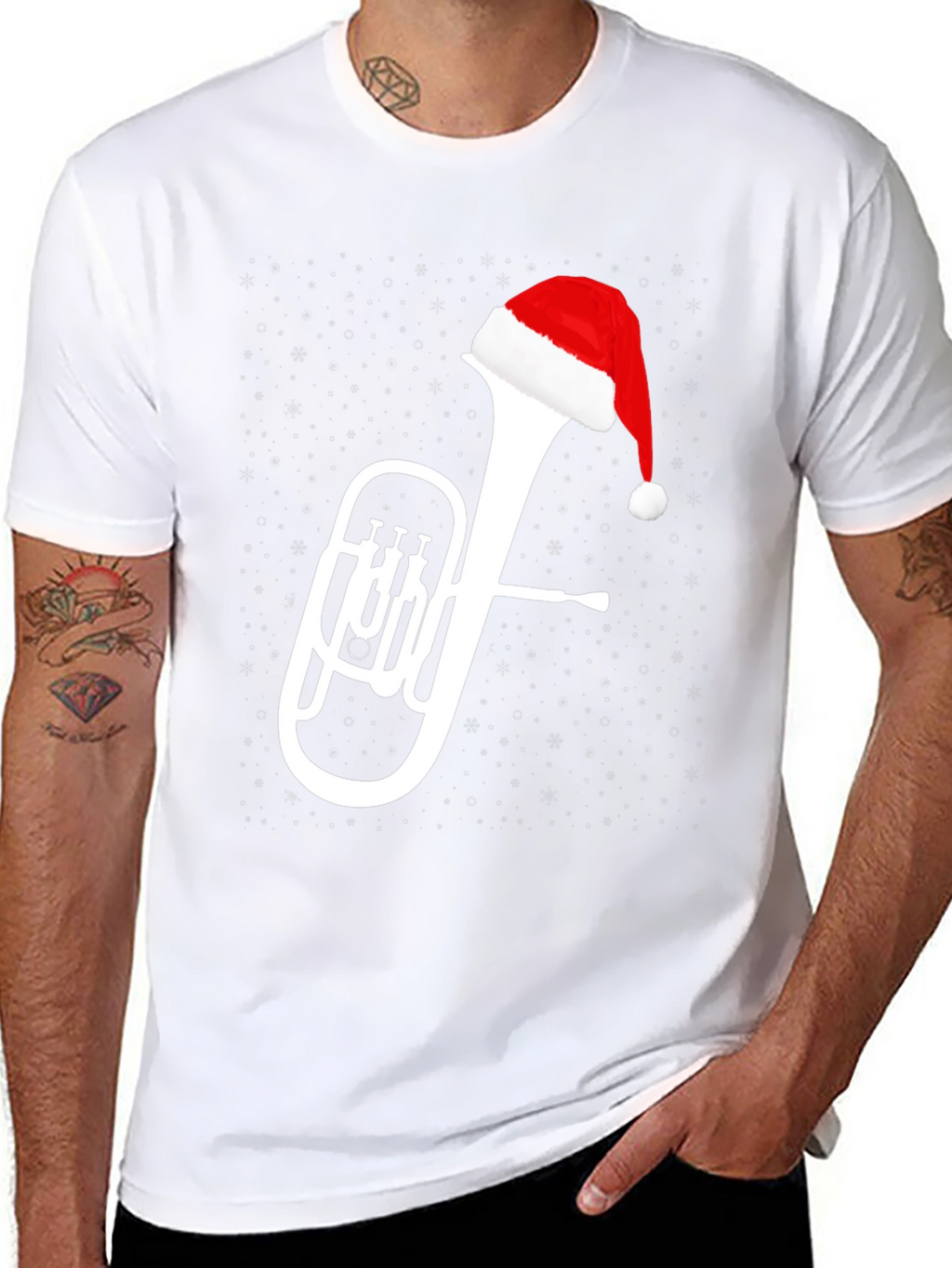 Christmas Tuba Santa Hat Black T-Shirt