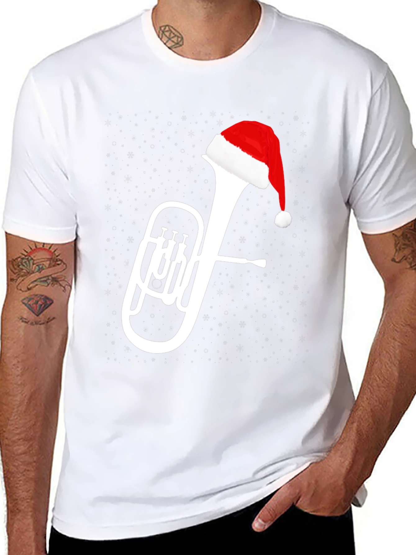 Christmas Tuba Santa Hat Black T-Shirt