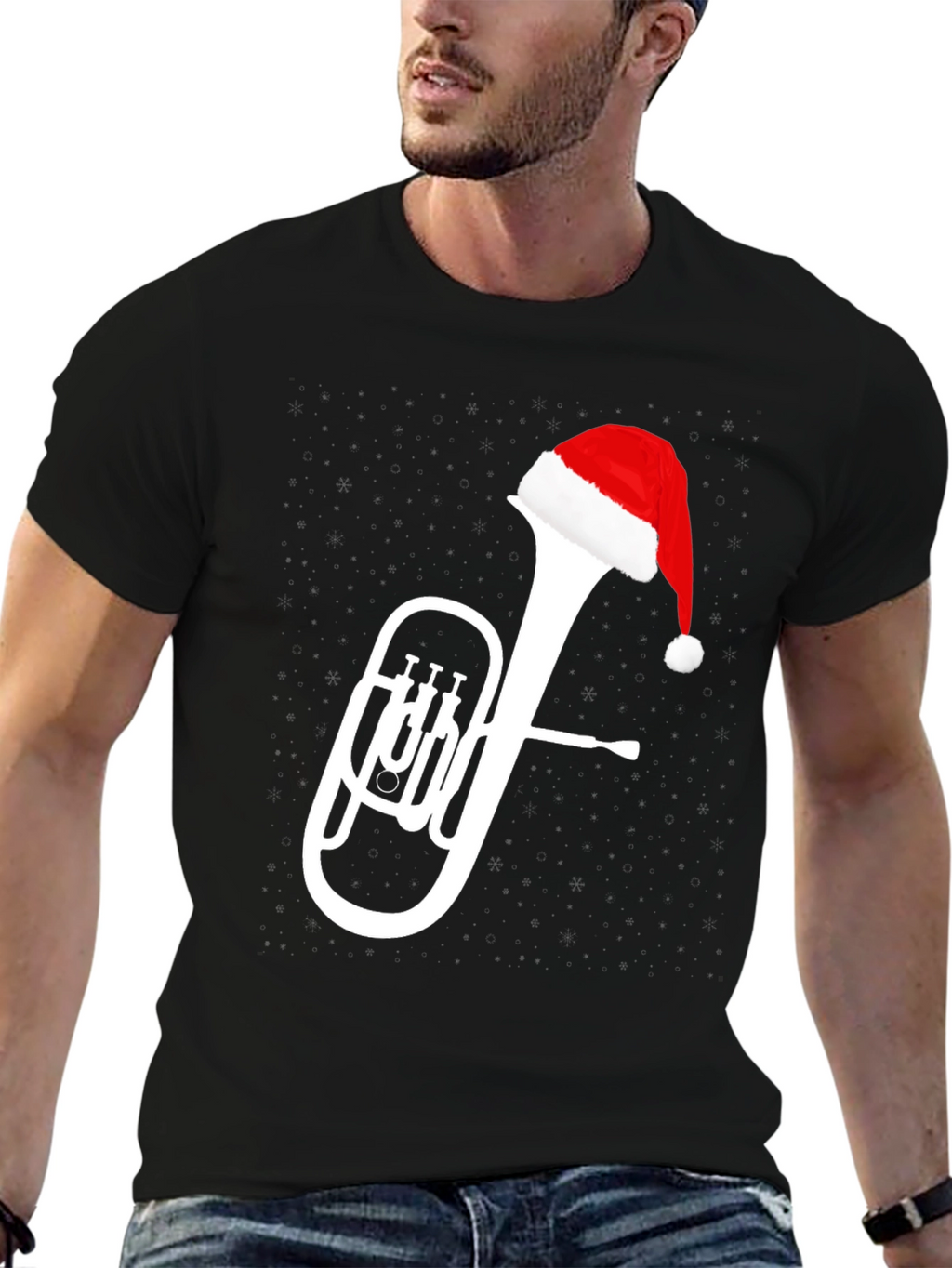 Christmas Tuba Santa Hat Black T-Shirt