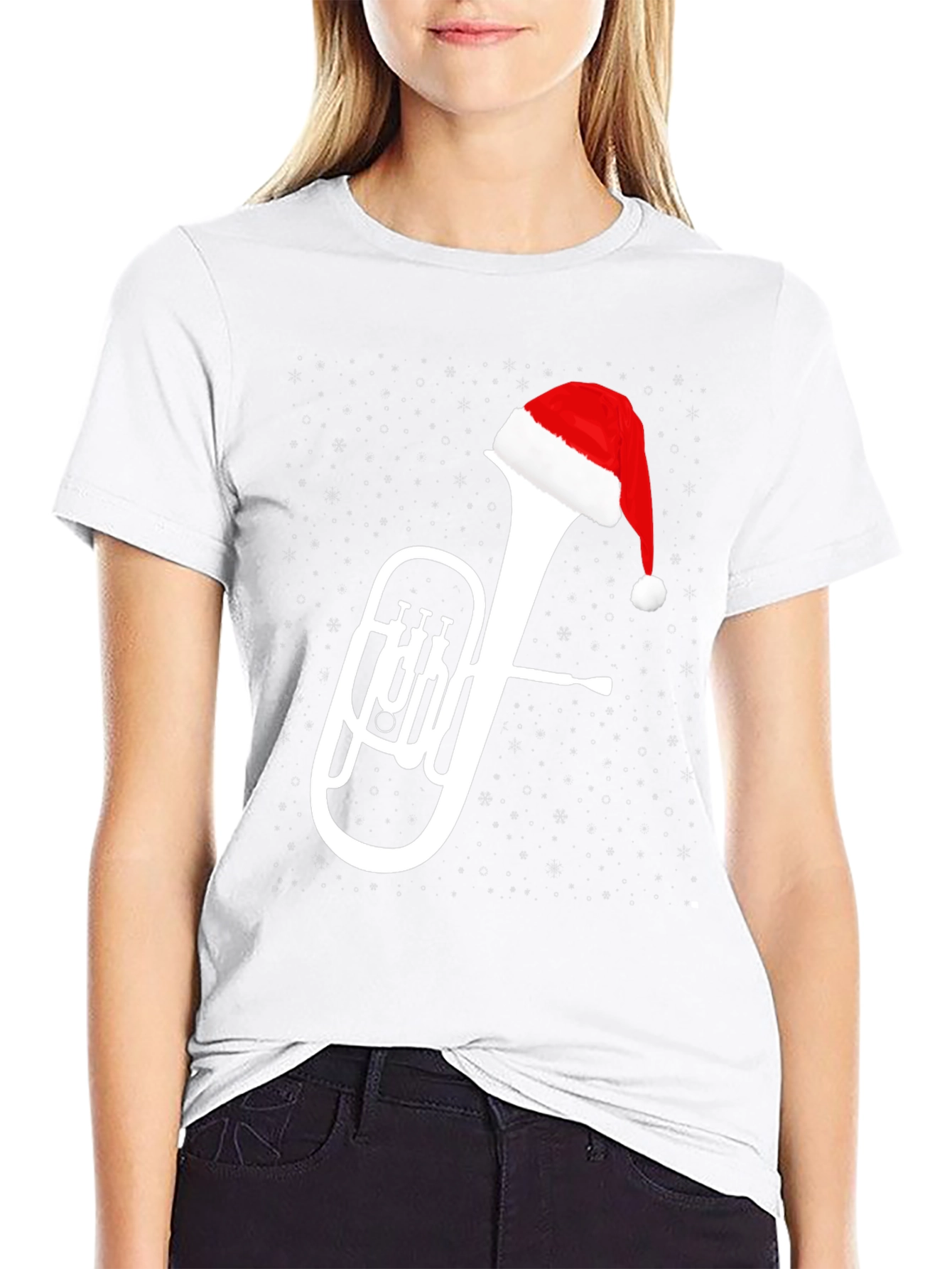 Christmas Tuba Santa Hat Black T-Shirt