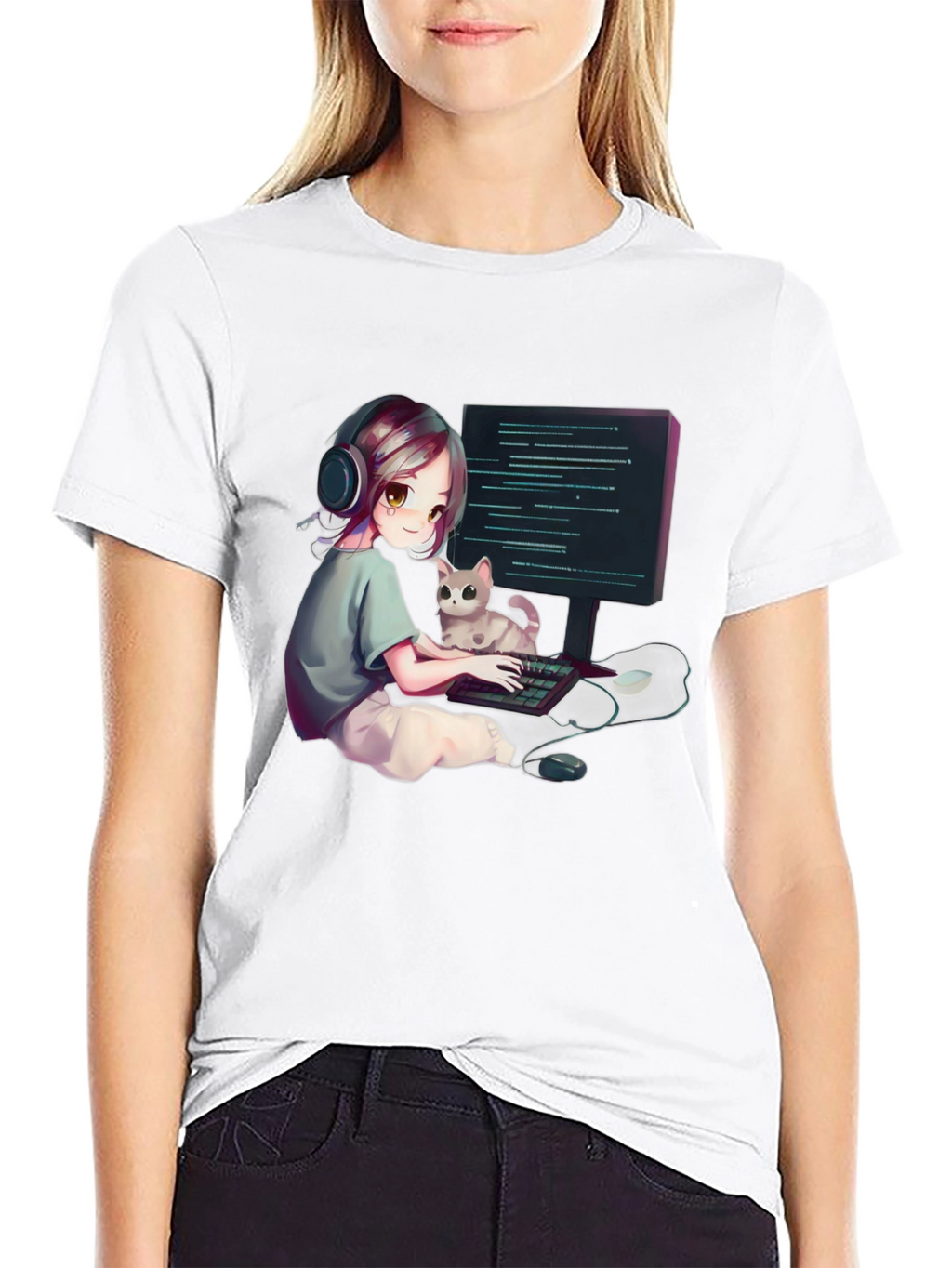 Gamer Girl Cat Lover Black T-Shirt