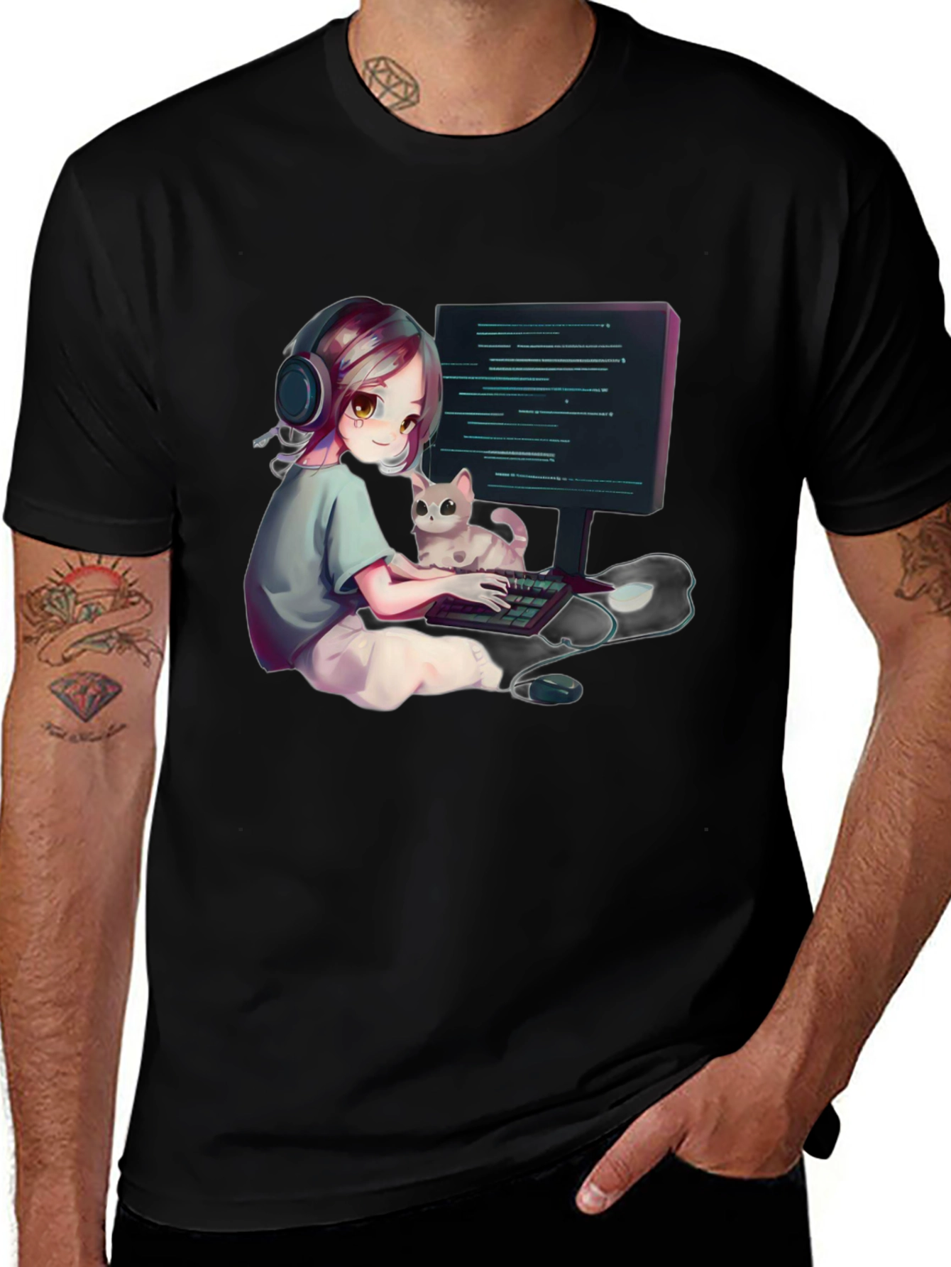 Gamer Girl Cat Lover Black T-Shirt