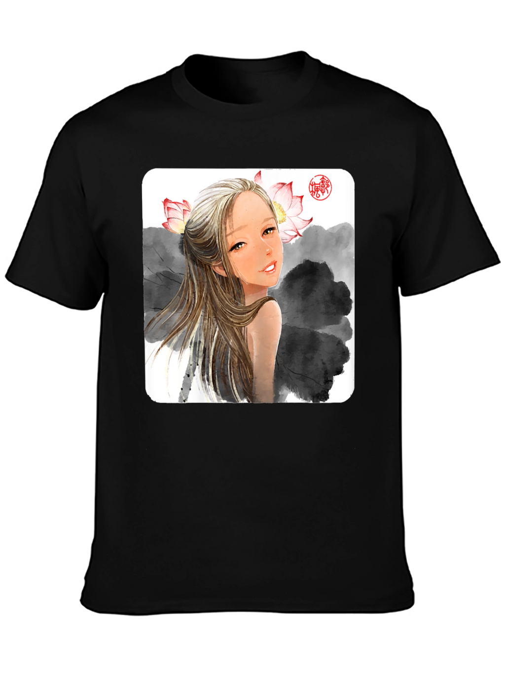 Artistic Graphic Tee - Anime Girl with Lotus