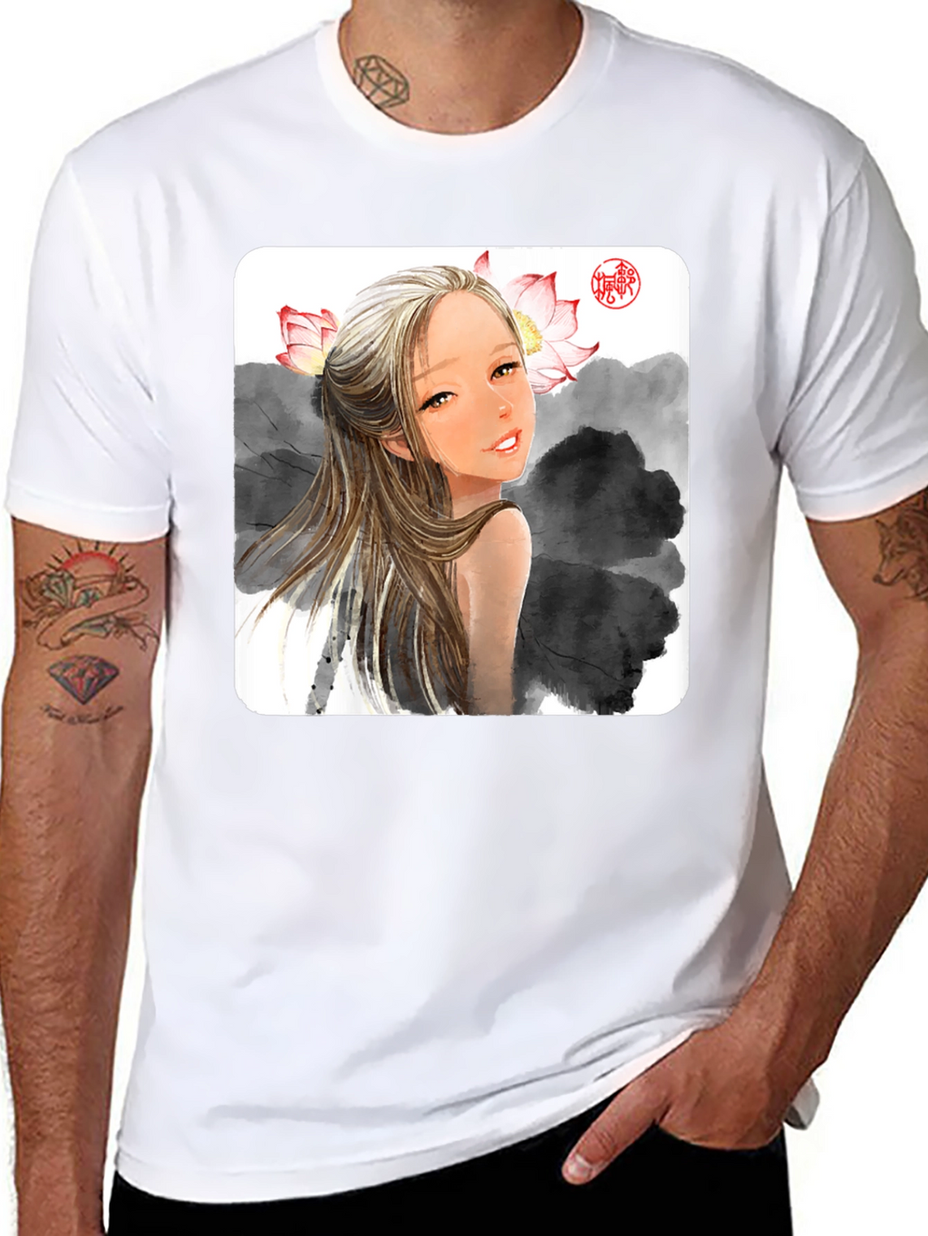 Artistic Graphic Tee - Anime Girl with Lotus
