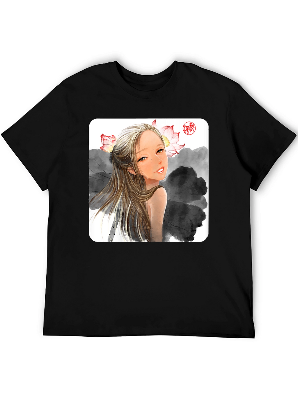 Artistic Graphic Tee - Anime Girl with Lotus