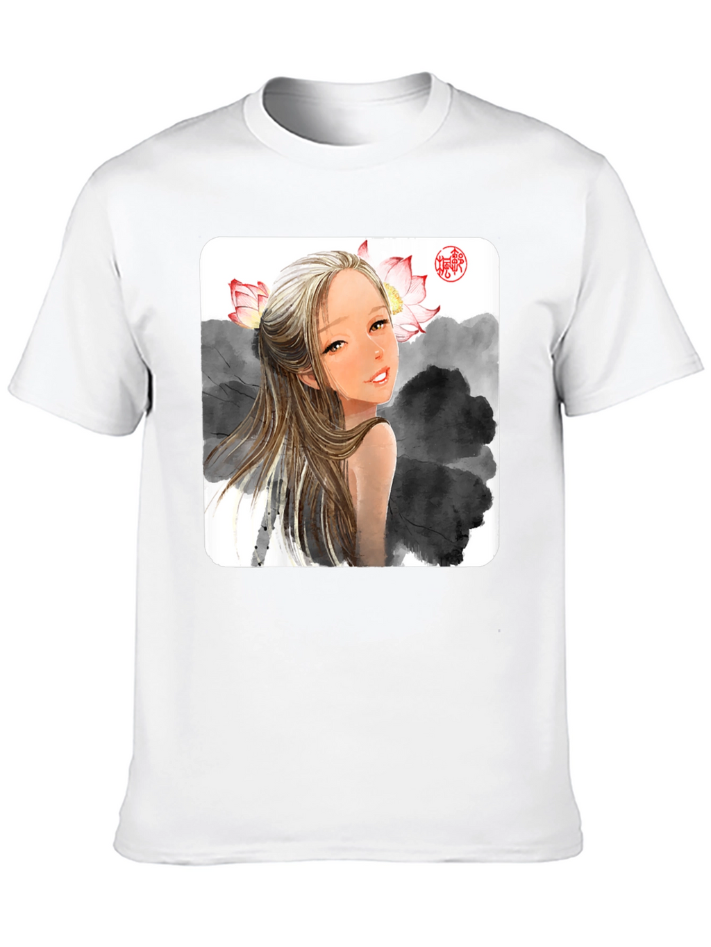 Artistic Graphic Tee - Anime Girl with Lotus