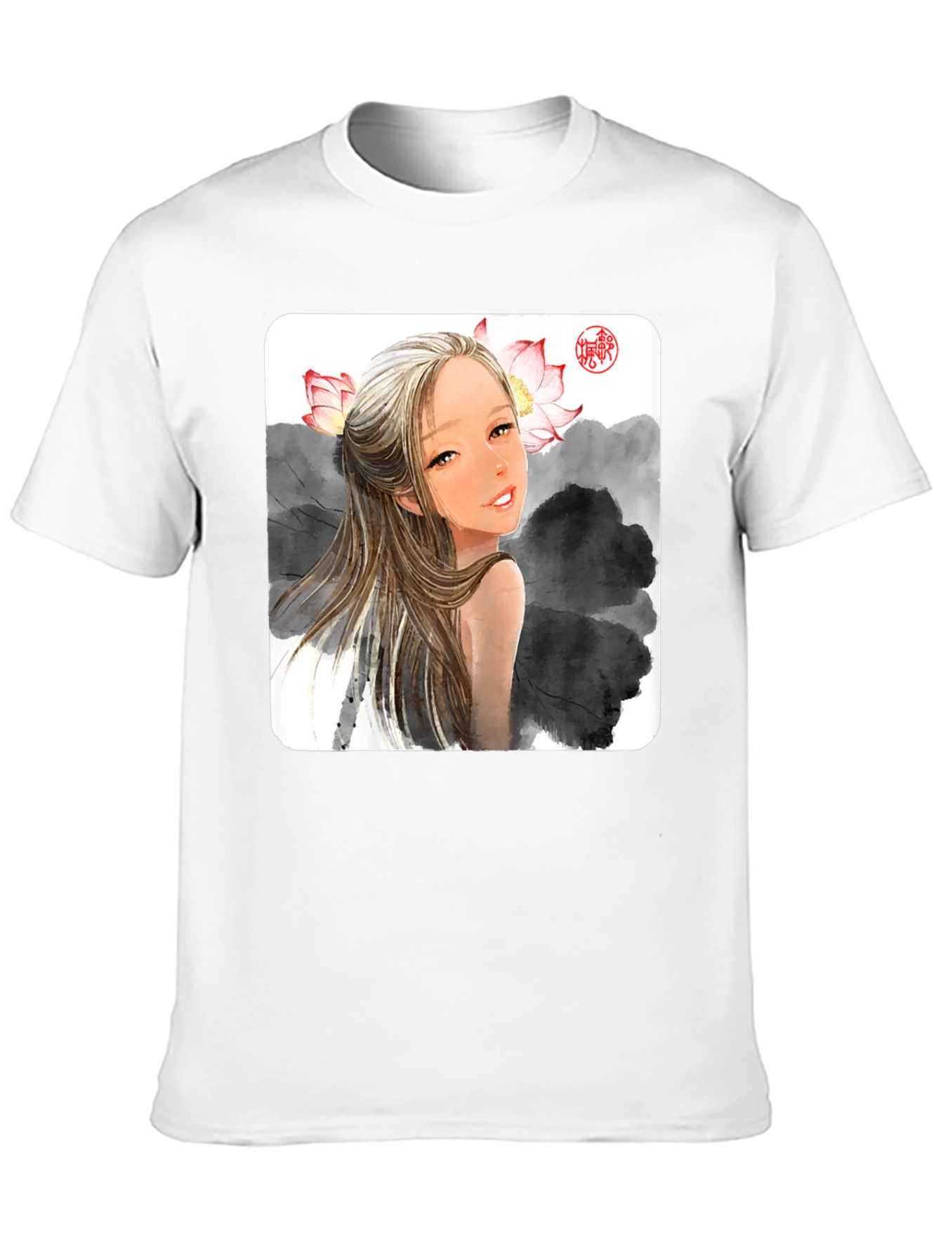 Artistic Graphic Tee - Anime Girl with Lotus