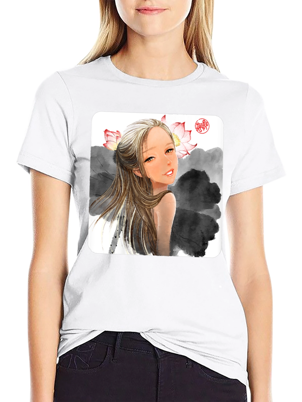 Artistic Graphic Tee - Anime Girl with Lotus