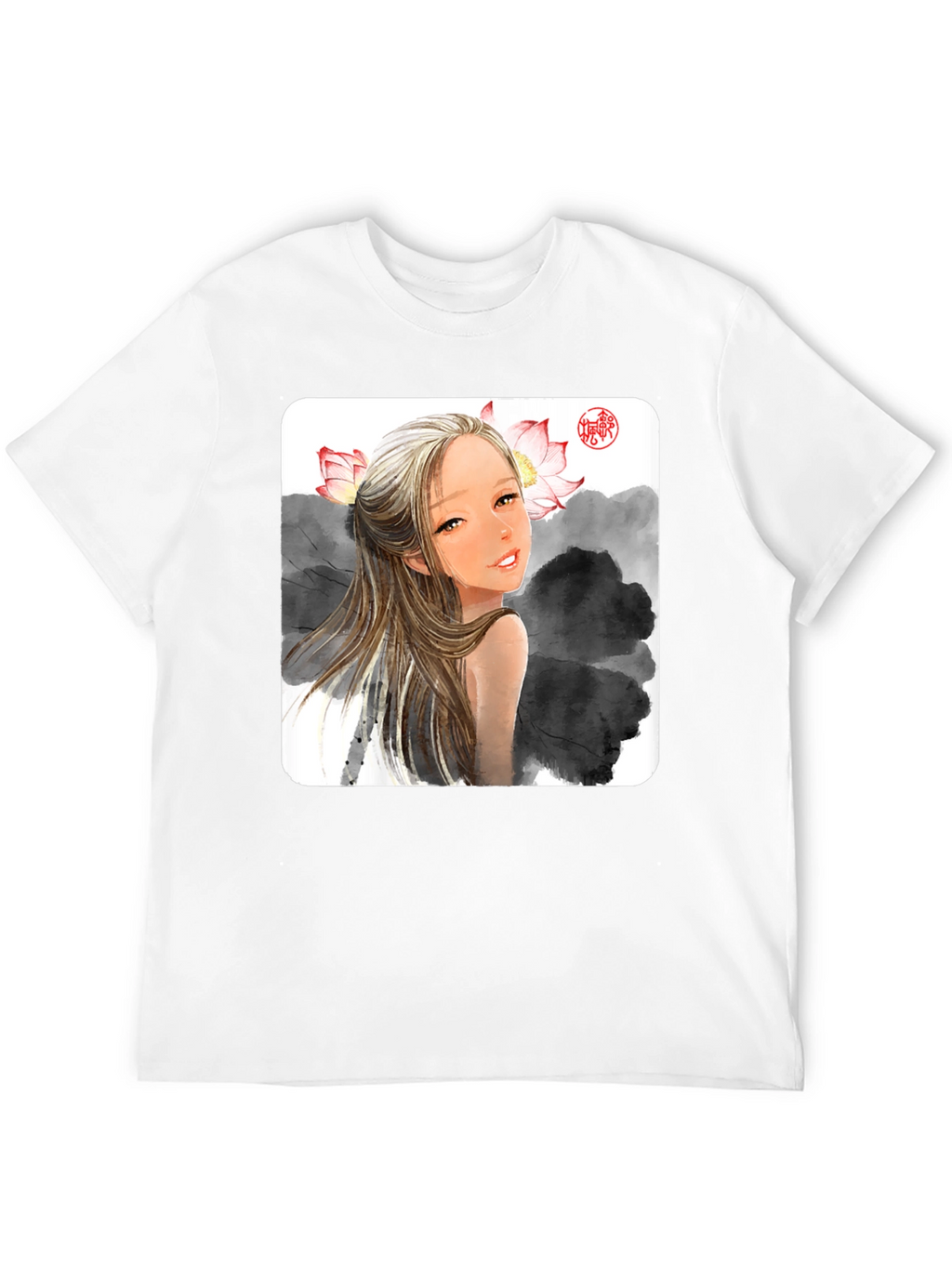 Artistic Graphic Tee - Anime Girl with Lotus
