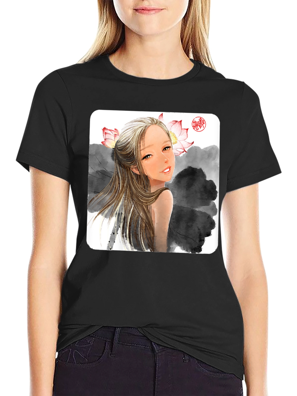 Artistic Graphic Tee - Anime Girl with Lotus