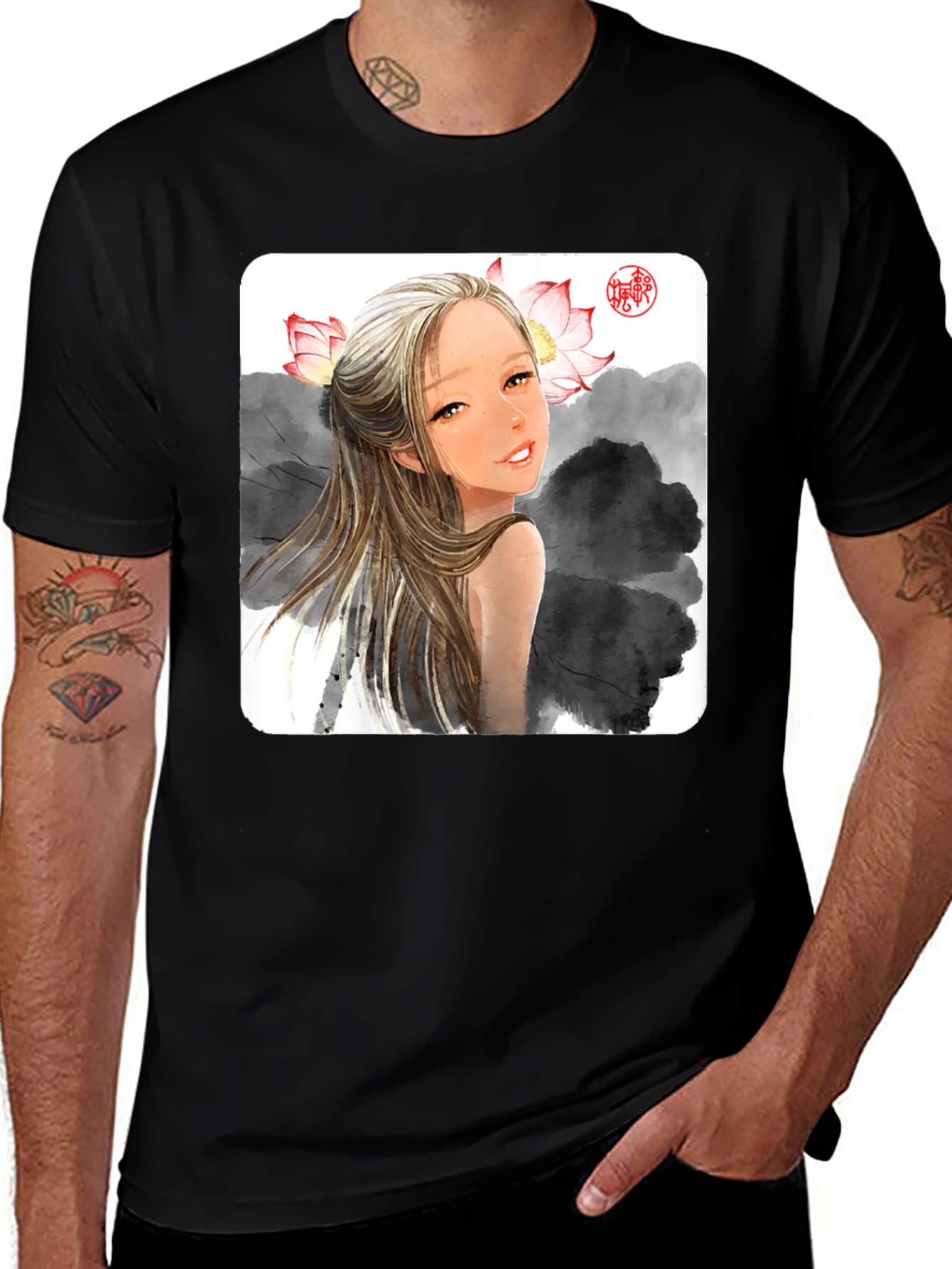 Artistic Graphic Tee - Anime Girl with Lotus