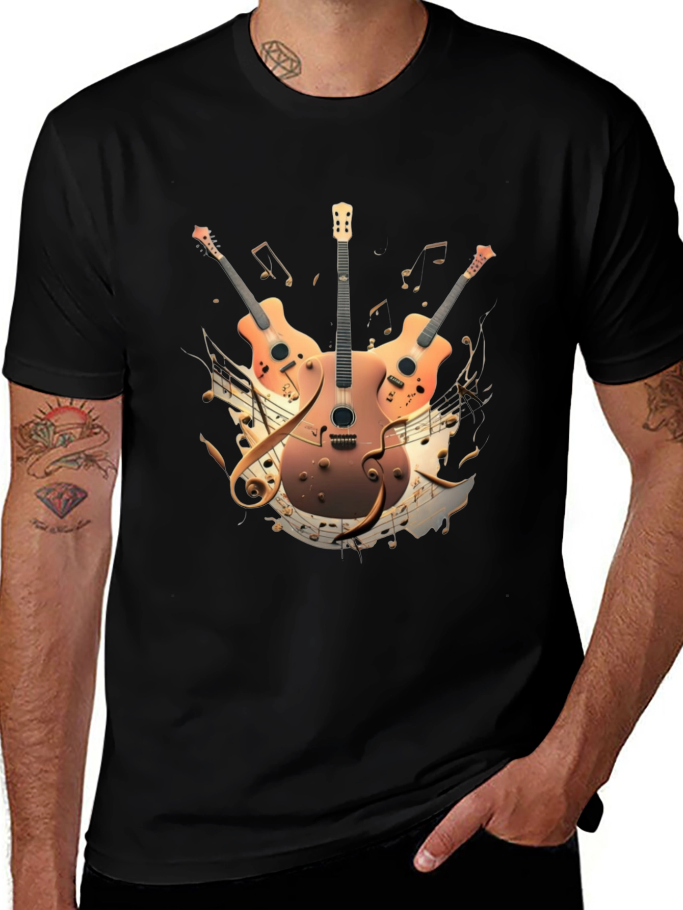 Musical Guitar Print Black T-Shirt