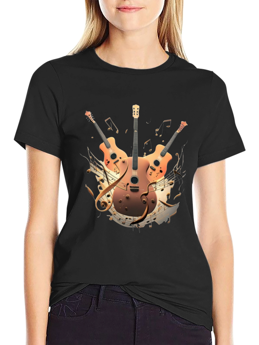 Musical Guitar Print Black T-Shirt