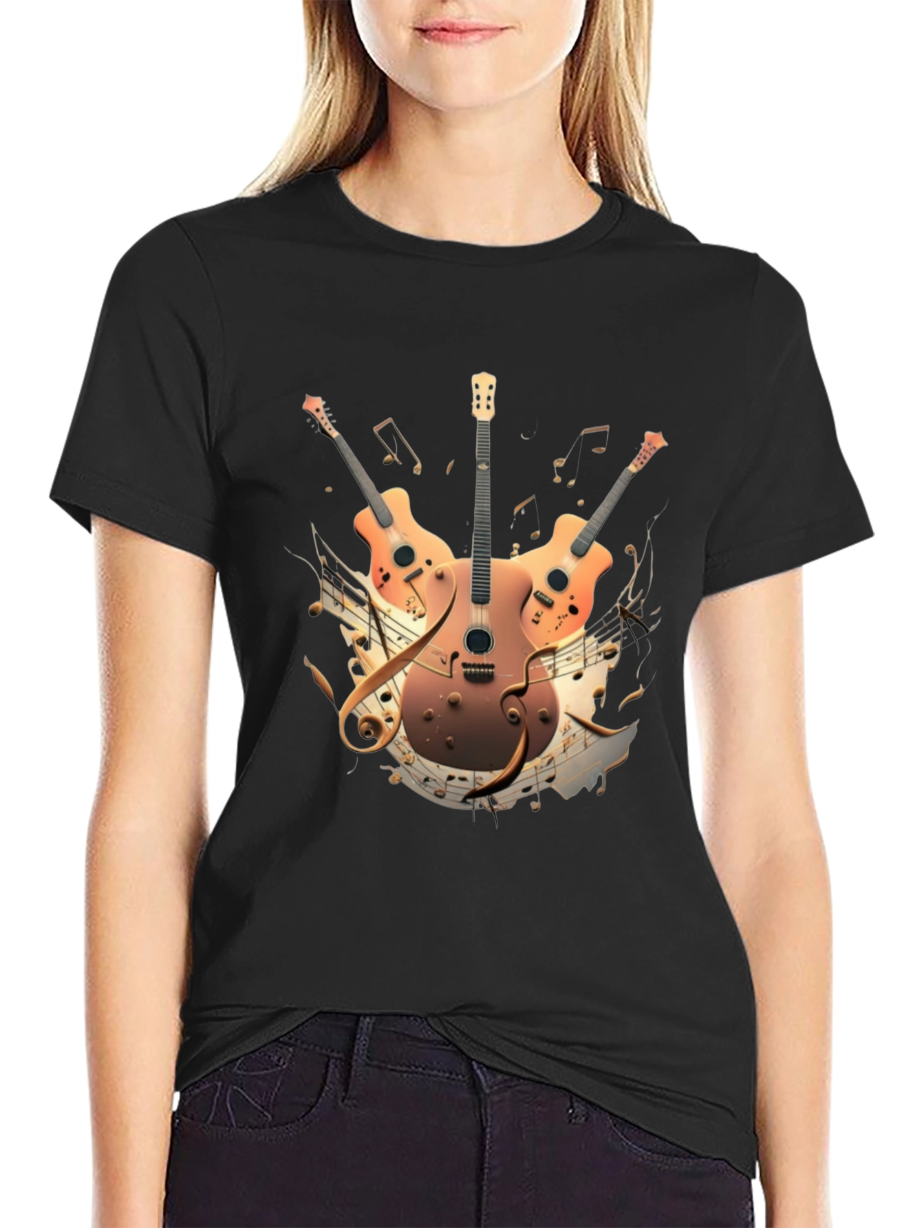 Musical Guitar Print Black T-Shirt