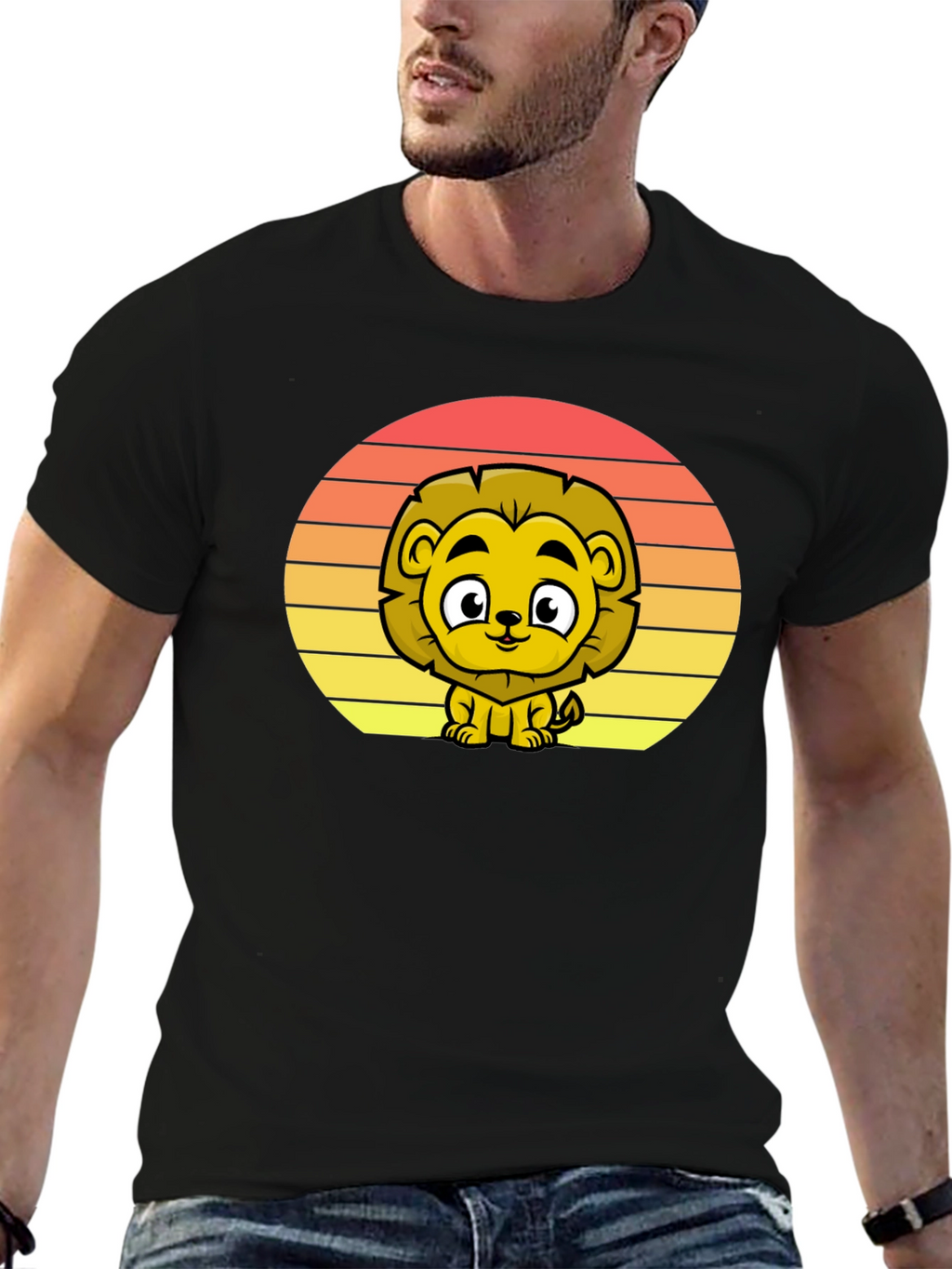 Cute Lion Sunset Graphic Tee - Black T-Shirt