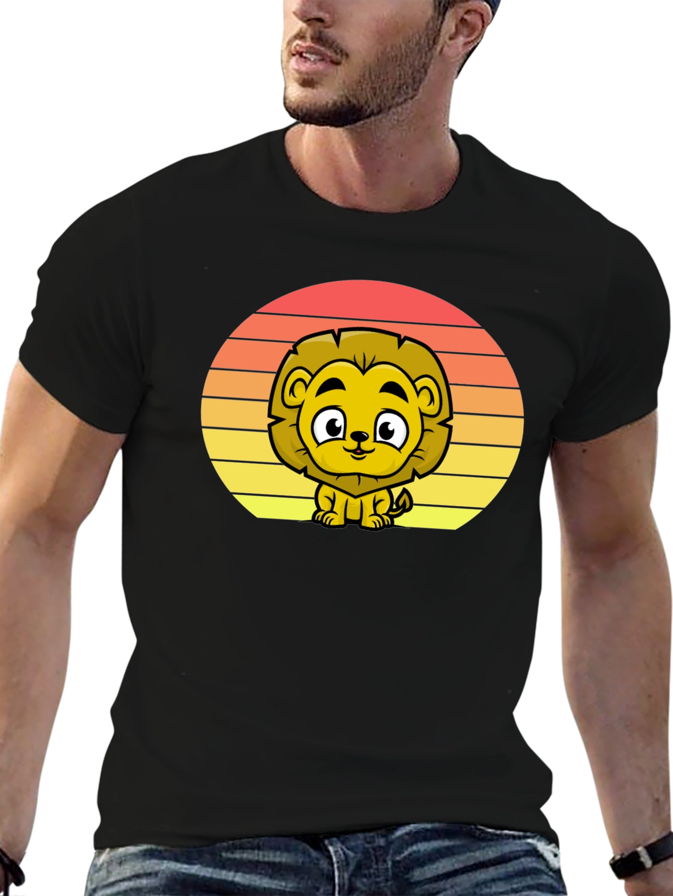 Cute Lion Sunset Graphic Tee - Black T-Shirt