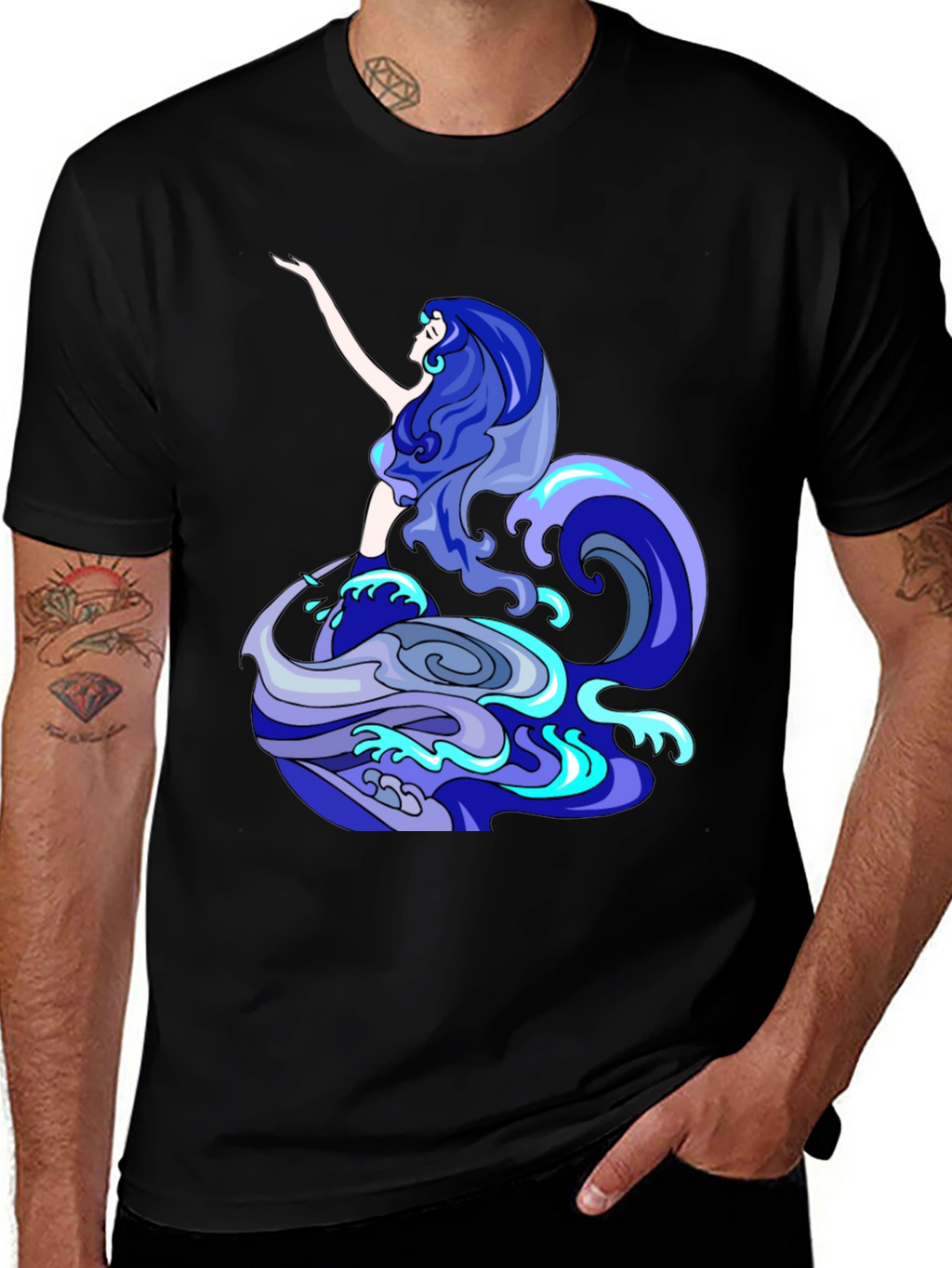 Mermaid Wave Graphic Tee - Black Cotton Blend