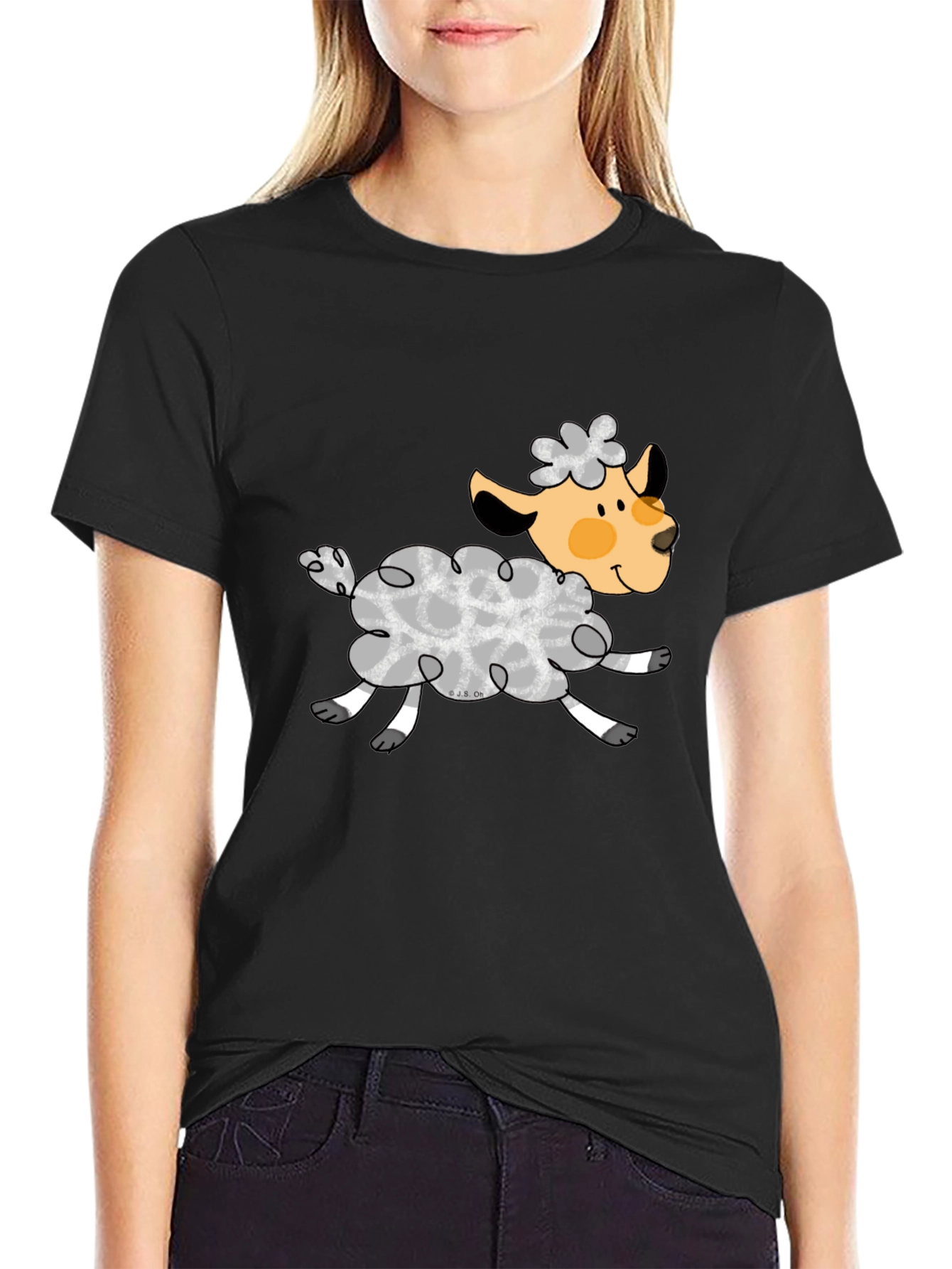 Black T-Shirt with Cute Sheep Graphic