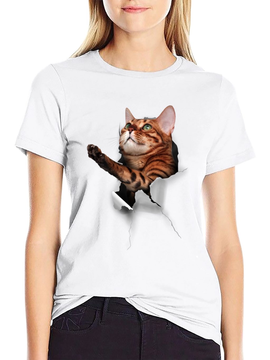 3D Cat Print Crew Neck T-Shirt