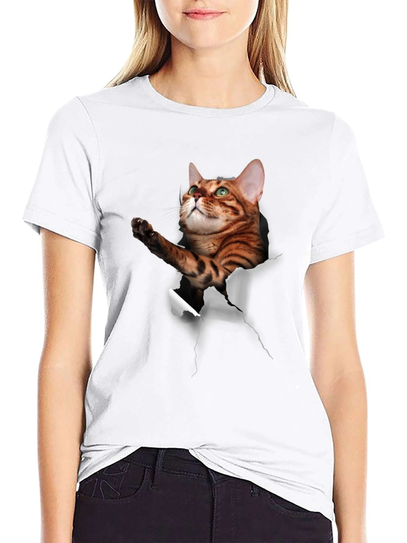 3D Cat Print Crew Neck T-Shirt
