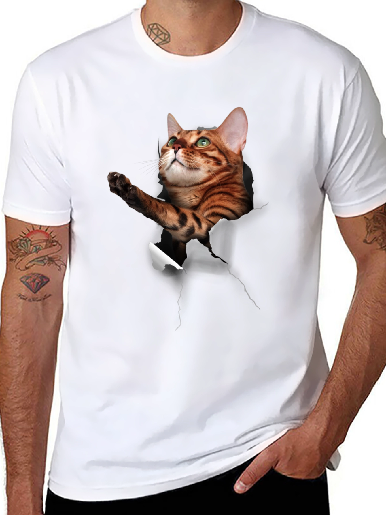 3D Cat Print Crew Neck T-Shirt