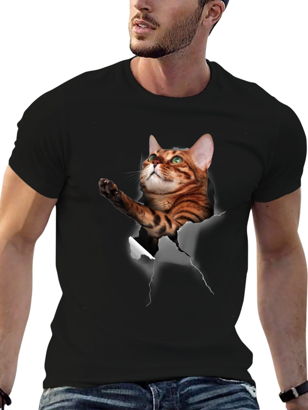 3D Cat Print Crew Neck T-Shirt