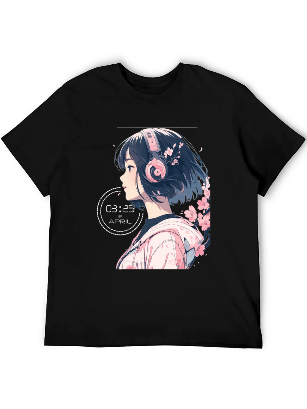 Anime Girl Headphones Black T-Shirt