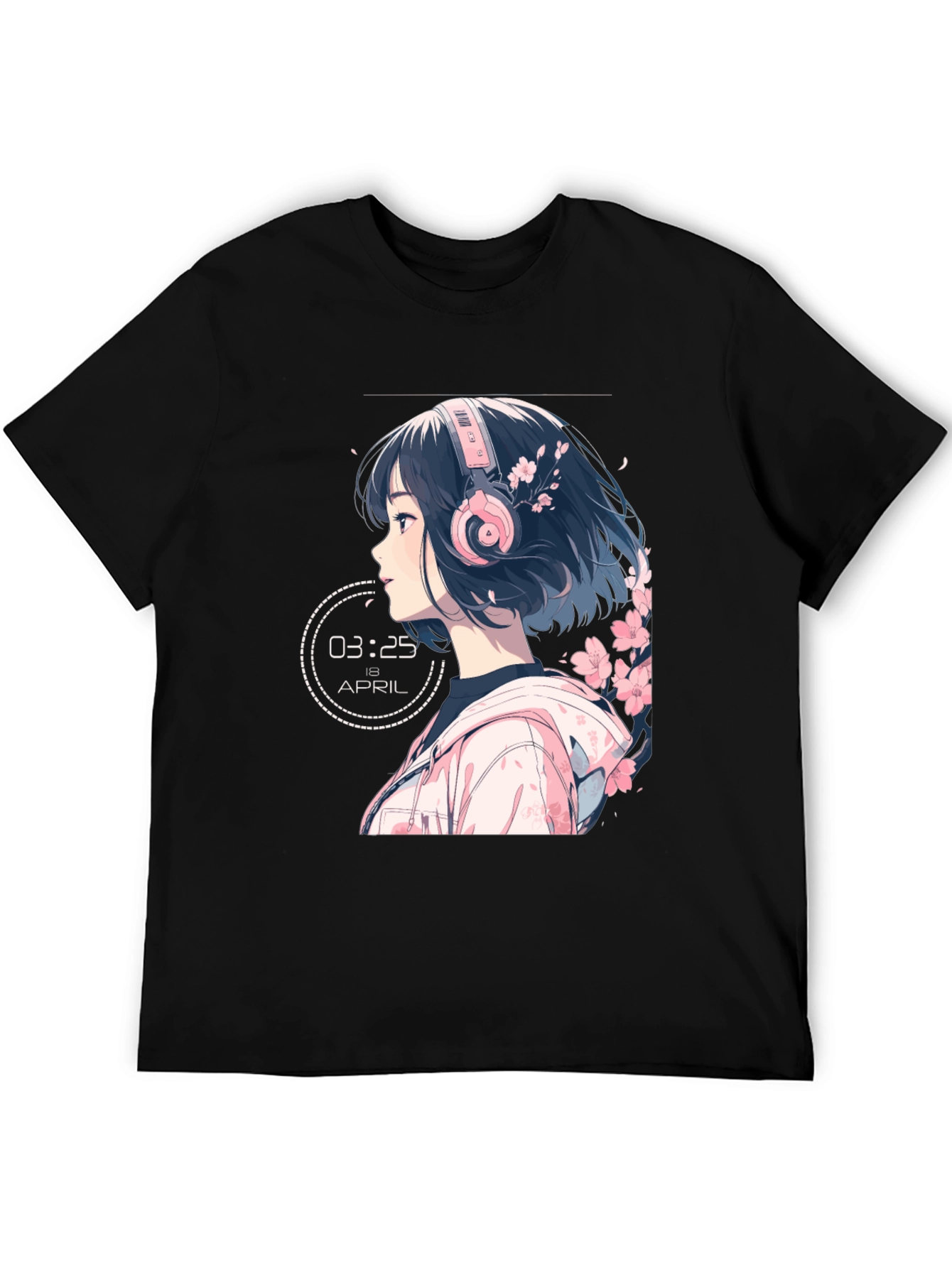 Anime Girl Headphones Black T-Shirt