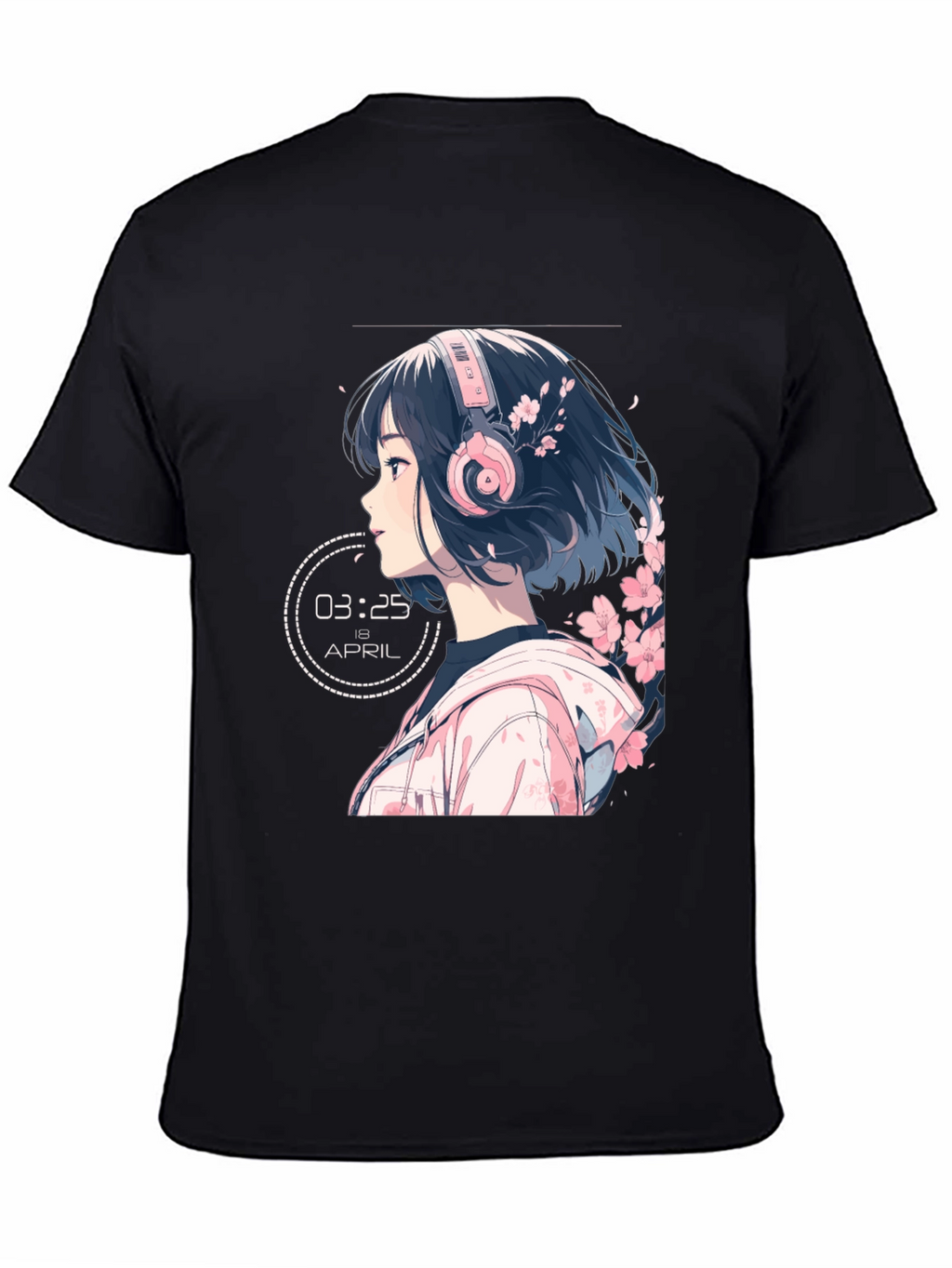 Anime Girl Headphones Black T-Shirt