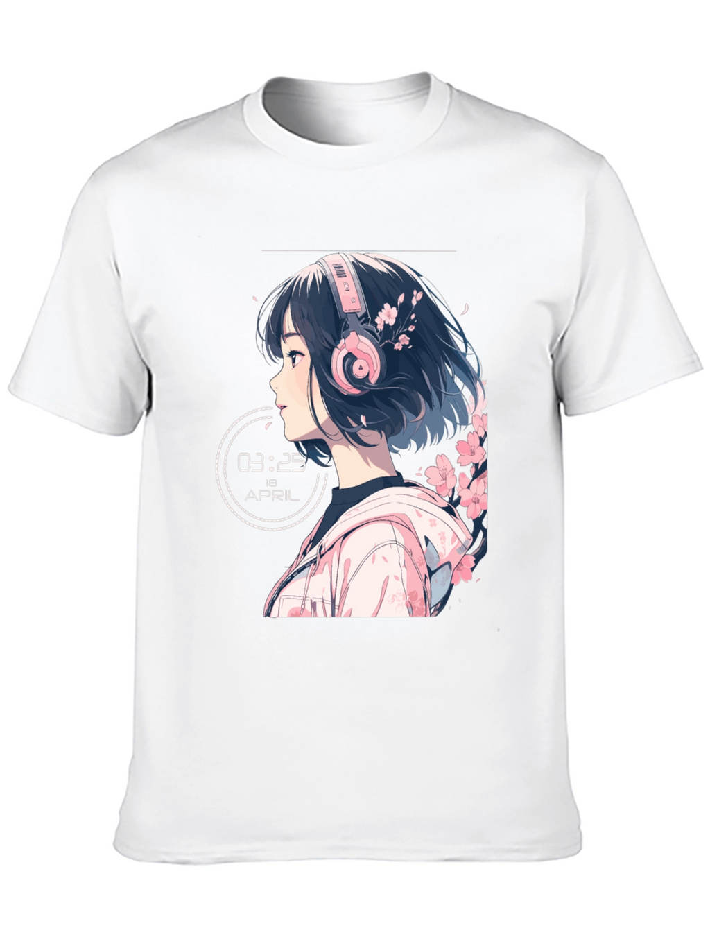 Anime Girl Headphones Black T-Shirt