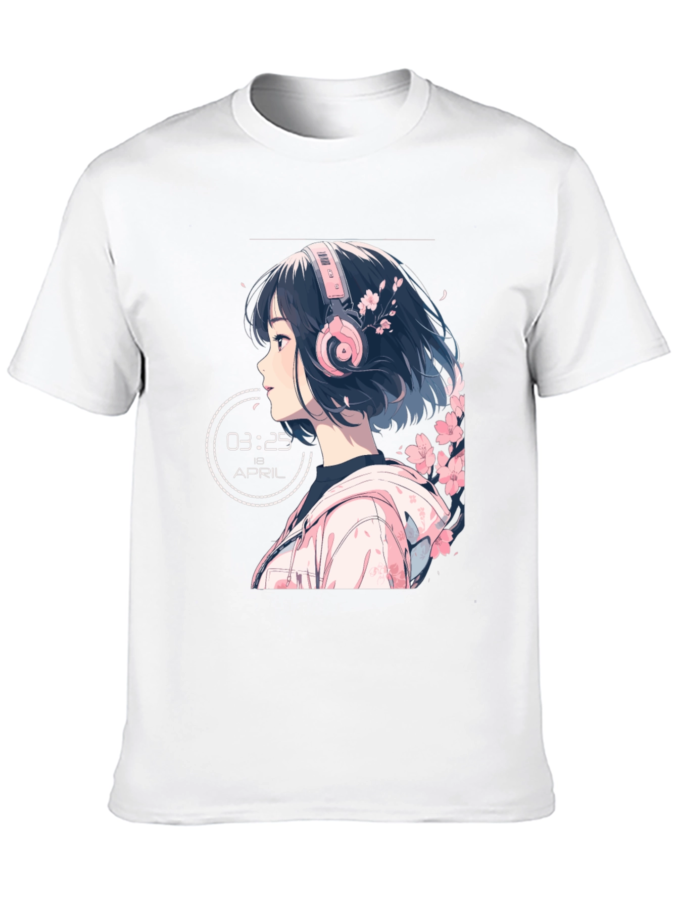 Anime Girl Headphones Black T-Shirt