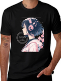 Anime Girl Headphones Black T-Shirt