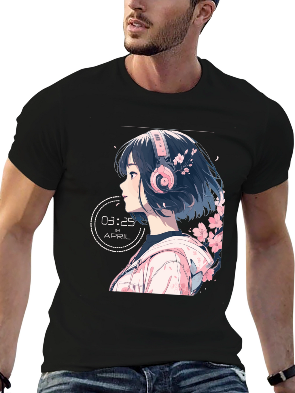 Anime Girl Headphones Black T-Shirt