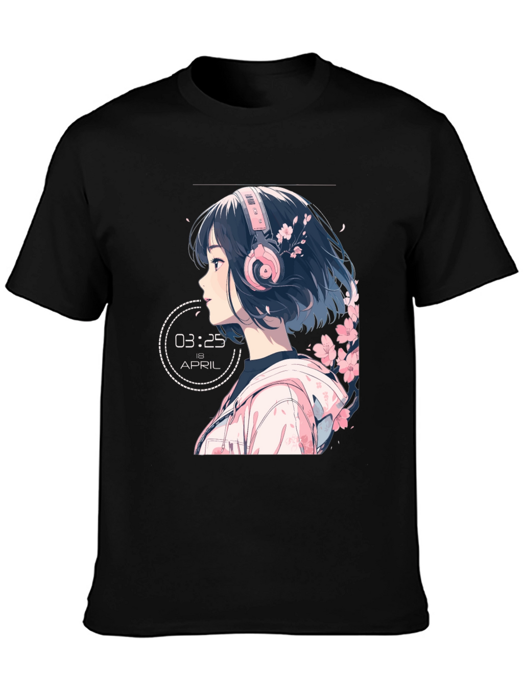 Anime Girl Headphones Black T-Shirt